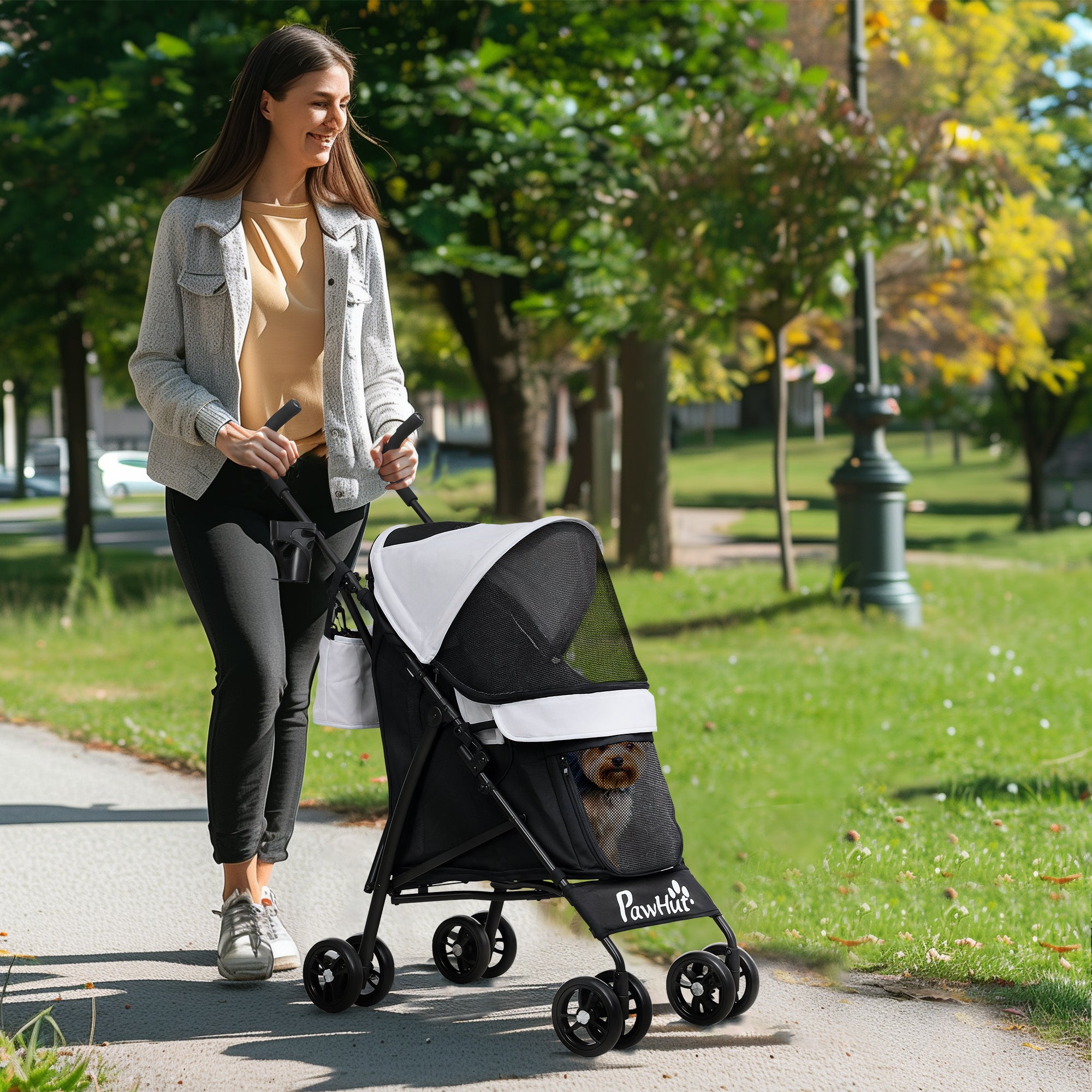 Pet stroller for Miniature Dogs, Foldable Dog Stroller with Shoulder Strap, 4 Wheels Pet Pram with Storage Bag, Cup Holder, Light Grey