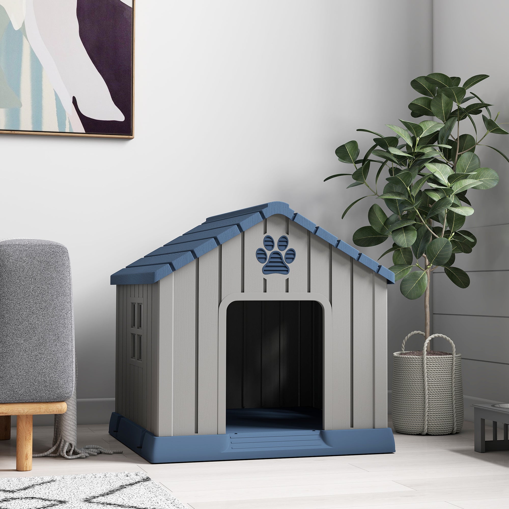 Dog Kennel Outdoor for Medium Dogs, Waterproof Plastic Dog House for Garden, Patio, Indoor Outdoor Pet Shelter with Elevated Base, 85 x 79 x 82 cm, Grey