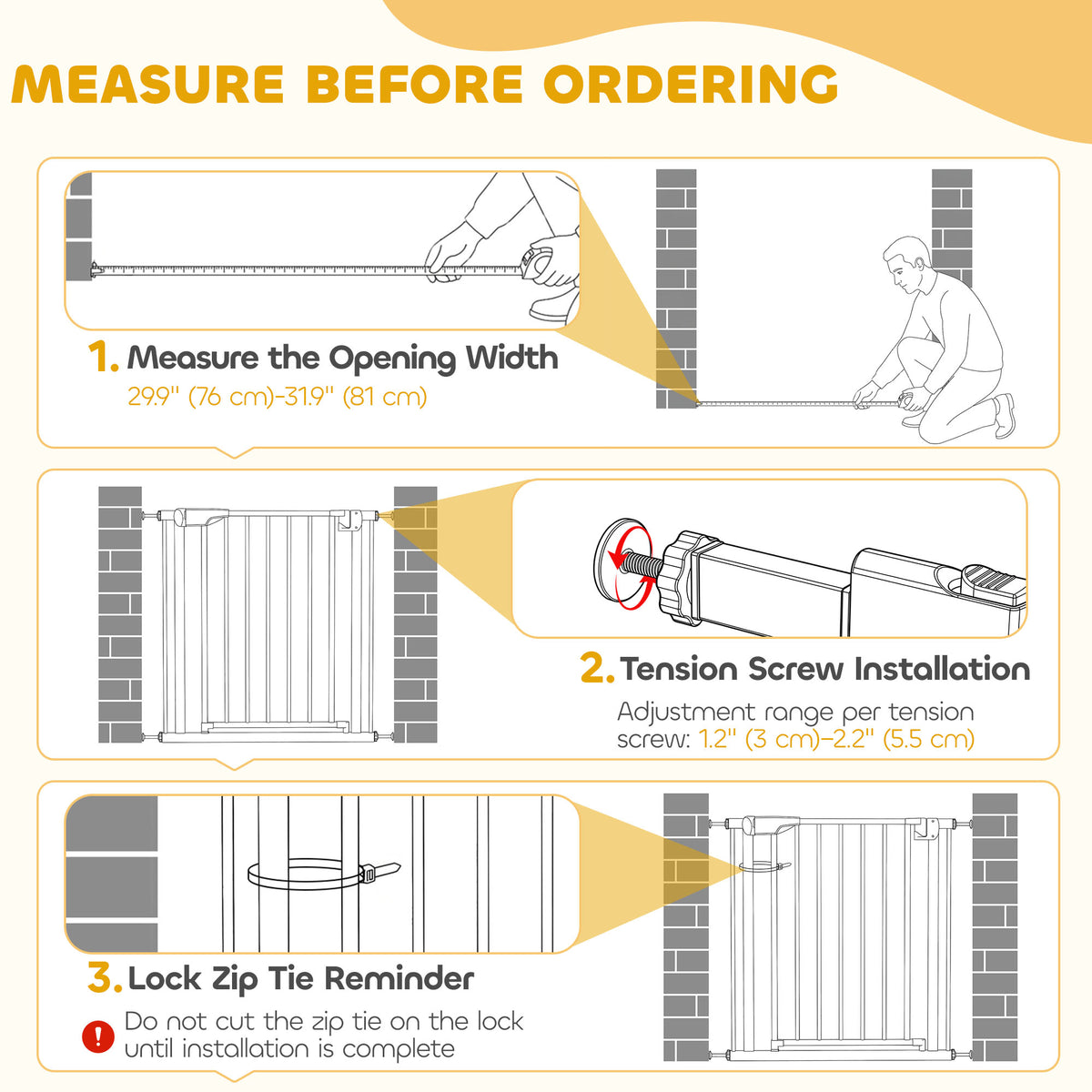 30"-32" Baby Gate, 30"H Pet Gate with Auto-Close, Two-Way Open, Pressure Mounted for Stair, Doorways and Hallways, White
