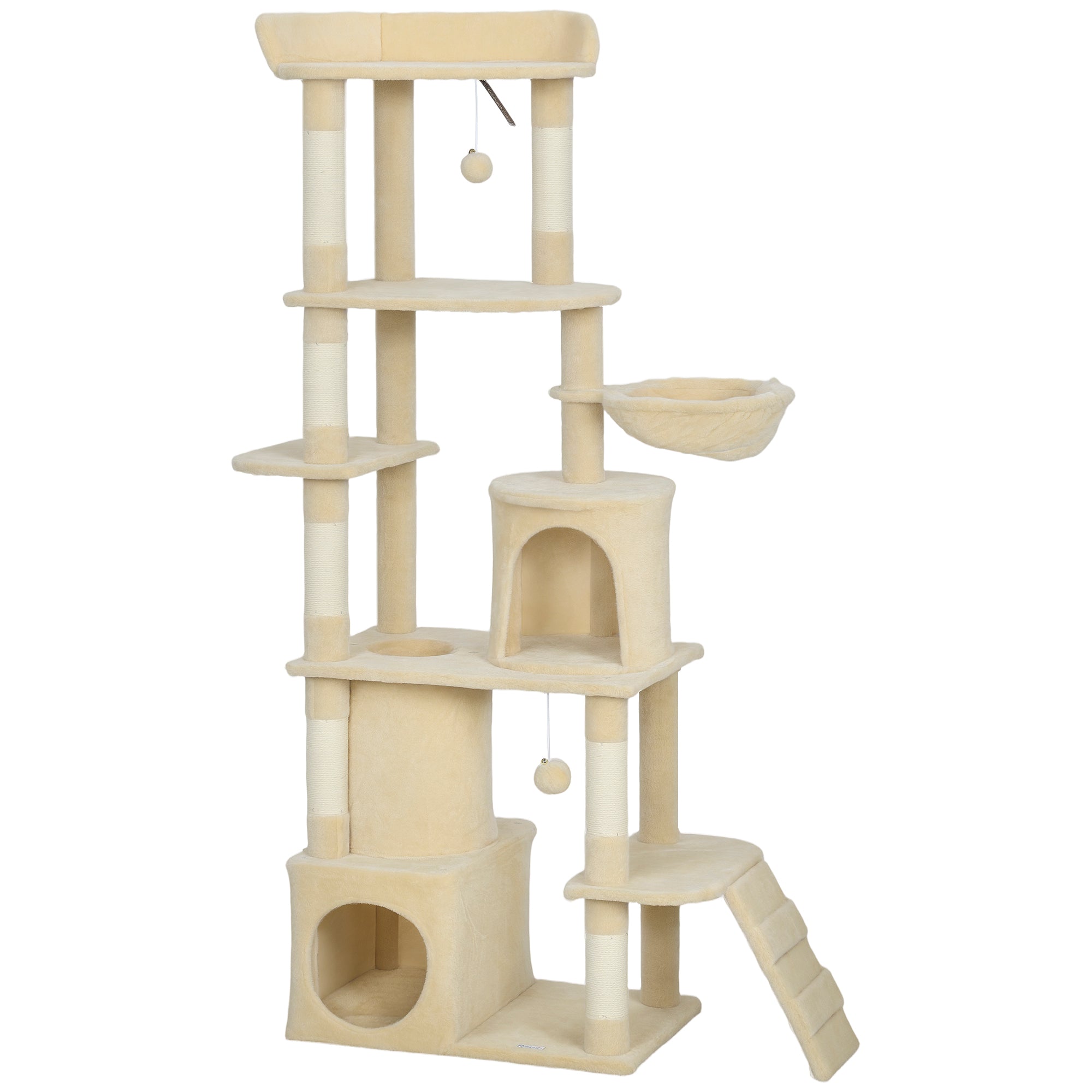Cat Tree, 67" Large Cat Tower for Indoor Kittens Multi-Level with 7 Scratching Posts, Tunnel, 2 Plush Condos, Hammock, Perch, Ramp, Pompoms, Beige