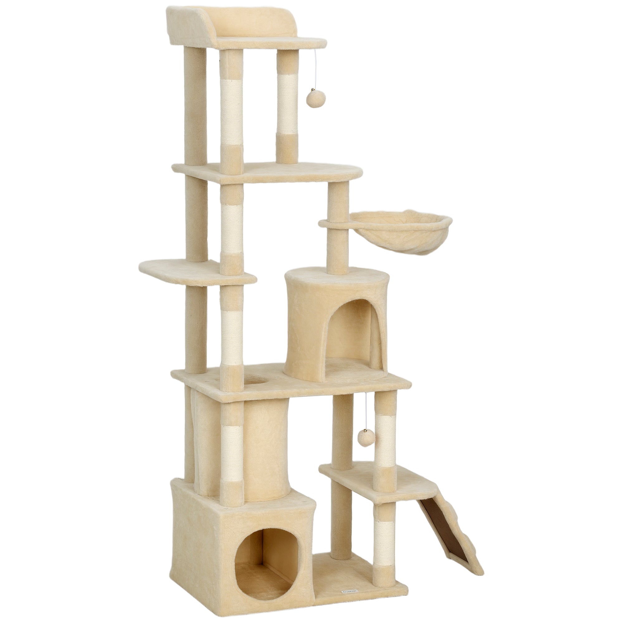 Cat Tree, 67" Large Cat Tower for Indoor Kittens Multi-Level with 7 Scratching Posts, Tunnel, 2 Plush Condos, Hammock, Perch, Ramp, Pompoms, Beige