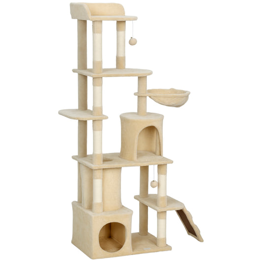 Cat Tree, 67" Large Cat Tower for Indoor Kittens Multi-Level with 7 Scratching Posts, Tunnel, 2 Plush Condos, Hammock, Perch, Ramp, Pompoms, Beige