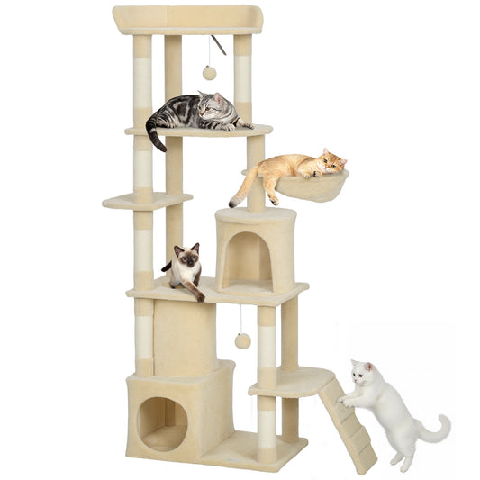 Cat Tree, 67" Large Cat Tower for Indoor Kittens Multi-Level with 7 Scratching Posts, Tunnel, 2 Plush Condos, Hammock, Perch, Ramp, Pompoms, Beige