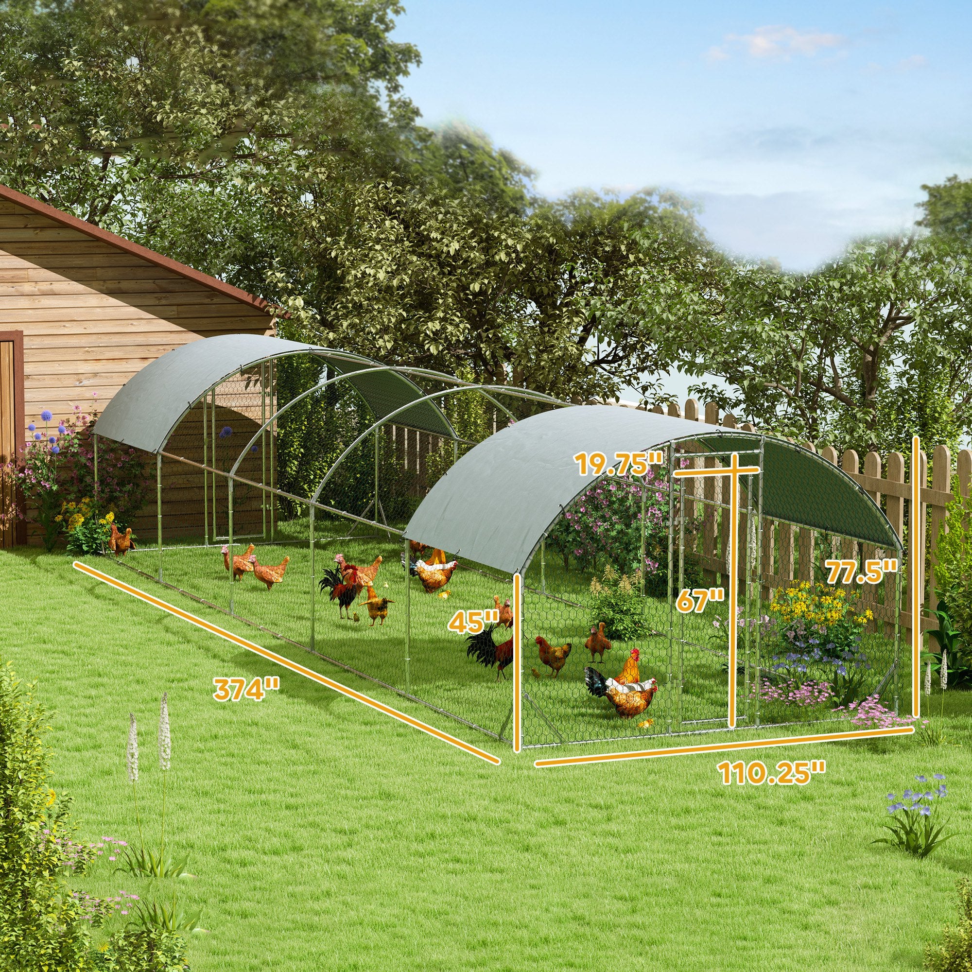 Large Chicken Coop Metal Chicken Run with Waterproof and Anti-UV Cover, Dome Shaped Walk in Fence Cage Hen House for Outdoor and Yard Farm Use, 1" Tube Diameter, 9.2' x 31.2' x 6.5'