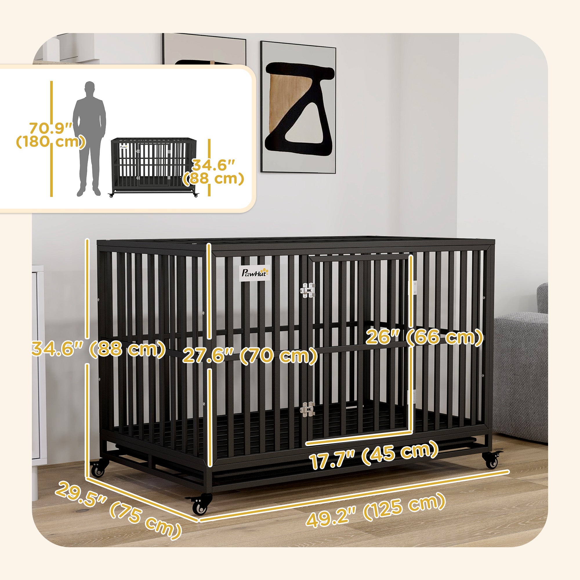Heavy Duty Steel Dog Crate Kennel Pet Cage with Wheels for Portability and a Door for Convenient Access Anti-Pinching Floor, 49.2"L x 29.5"W x 34.6"H, Black