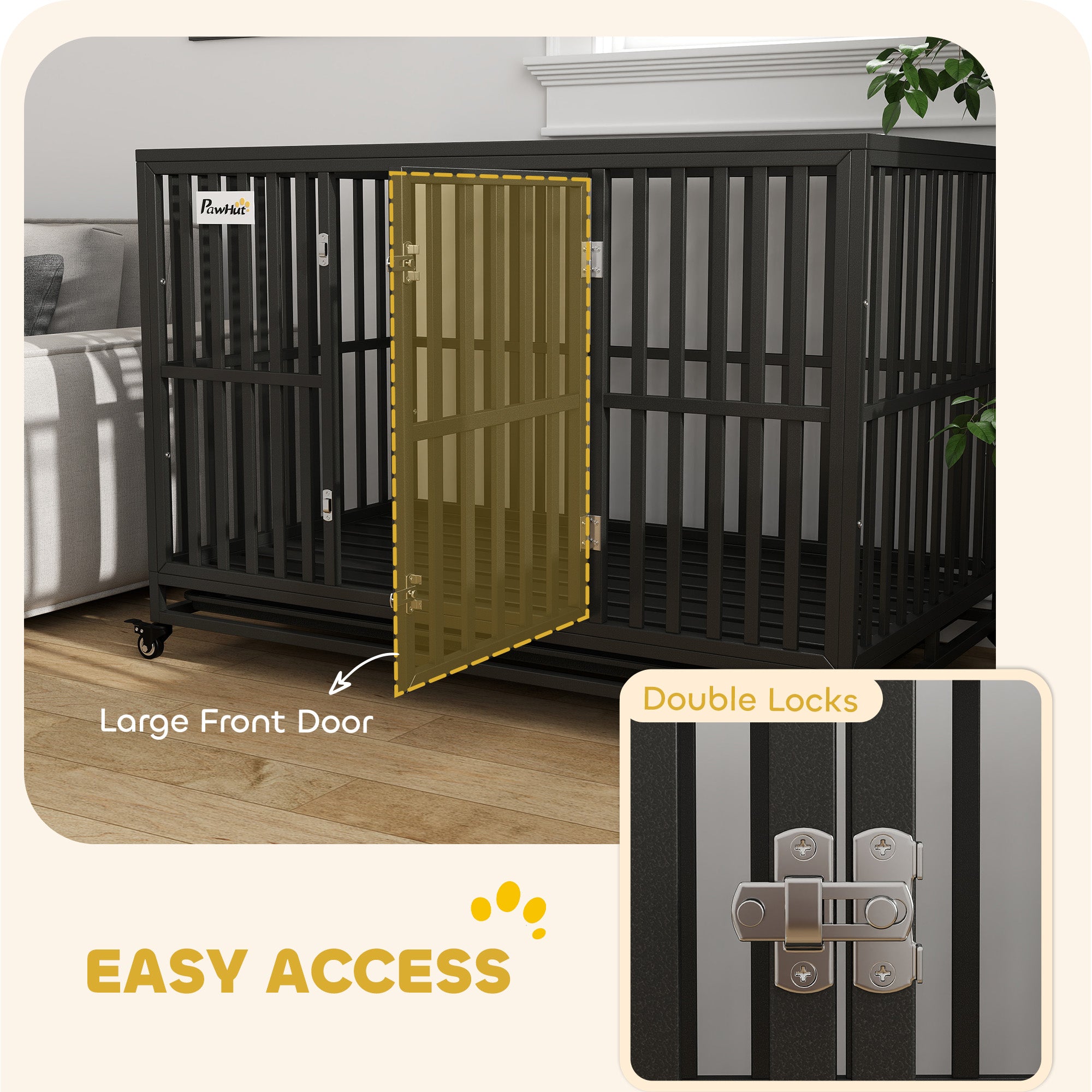 Heavy Duty Steel Dog Crate Kennel Pet Cage with Wheels for Portability and a Door for Convenient Access Anti-Pinching Floor, 49.2"L x 29.5"W x 34.6"H, Black