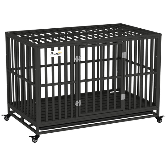Heavy Duty Steel Dog Crate Kennel Pet Cage with Wheels for Portability and a Door for Convenient Access Anti-Pinching Floor, 49.2"L x 29.5"W x 34.6"H, Black