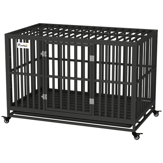 Heavy Duty Steel Dog Crate Kennel Pet Cage with Wheels for Portability and a Door for Convenient Access Anti-Pinching Floor, 49.2"L x 29.5"W x 34.6"H, Black