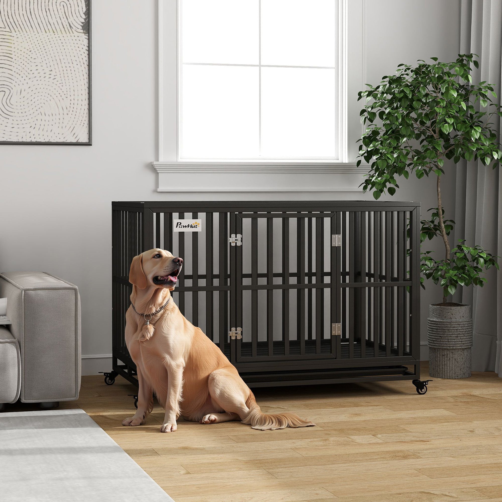 Heavy Duty Steel Dog Crate Kennel Pet Cage with Wheels for Portability and a Door for Convenient Access Anti-Pinching Floor, 49.2"L x 29.5"W x 34.6"H, Black