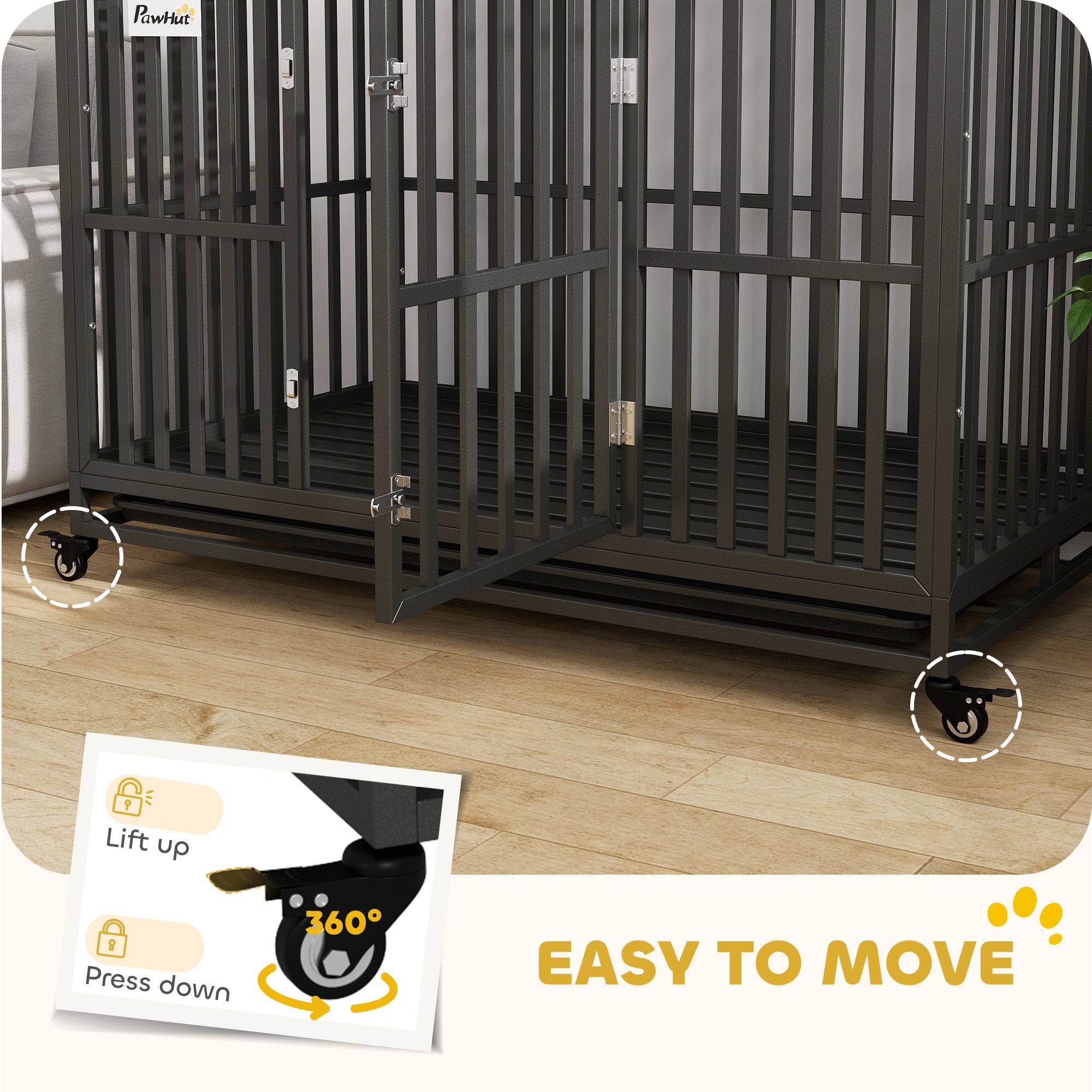 Heavy Duty Steel Dog Crate Kennel Pet Cage with Wheels for Portability and a Door for Convenient Access Anti-Pinching Floor, 49.2"L x 29.5"W x 34.6"H, Black