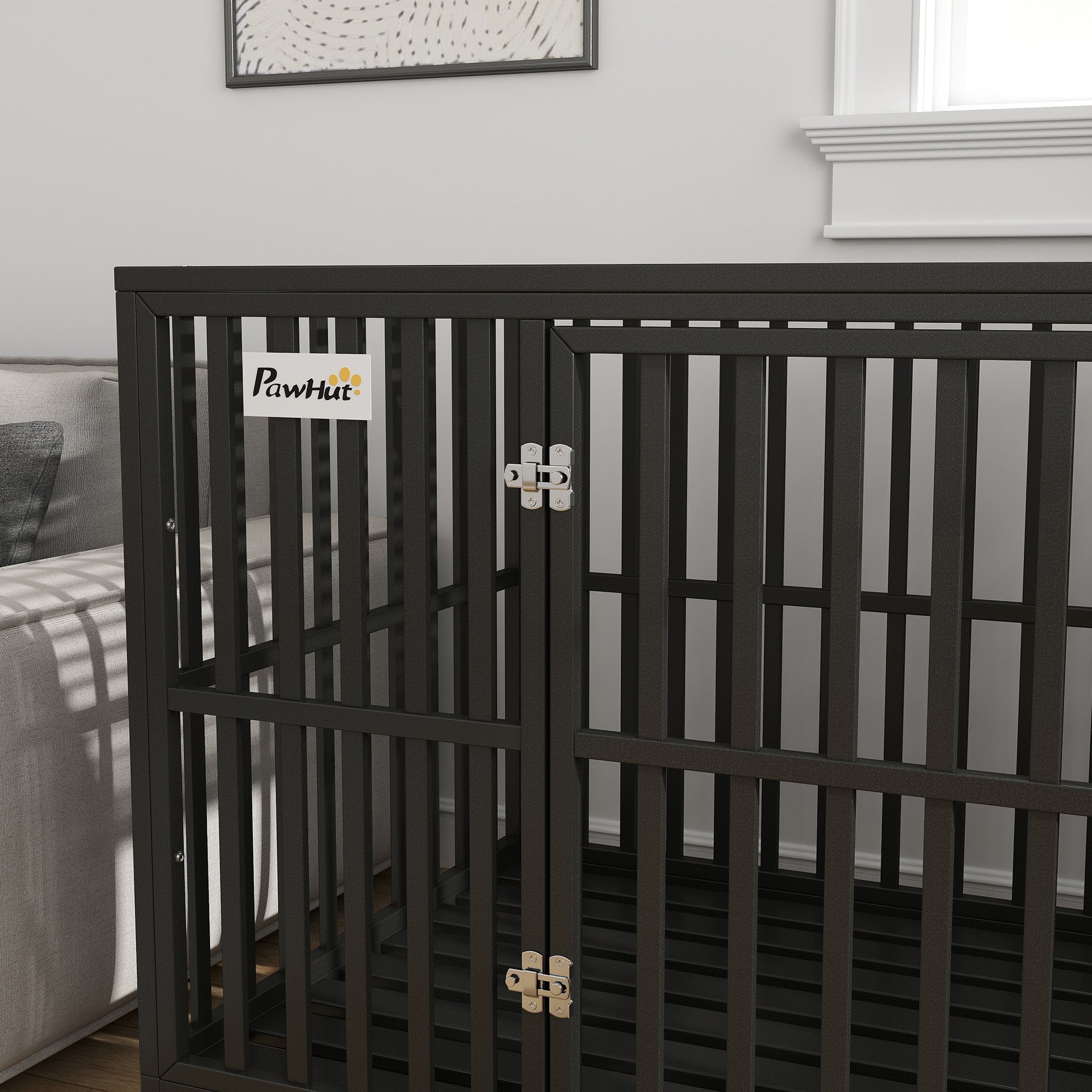Heavy Duty Steel Dog Crate Kennel Pet Cage with Wheels for Portability and a Door for Convenient Access Anti-Pinching Floor, 49.2"L x 29.5"W x 34.6"H, Black