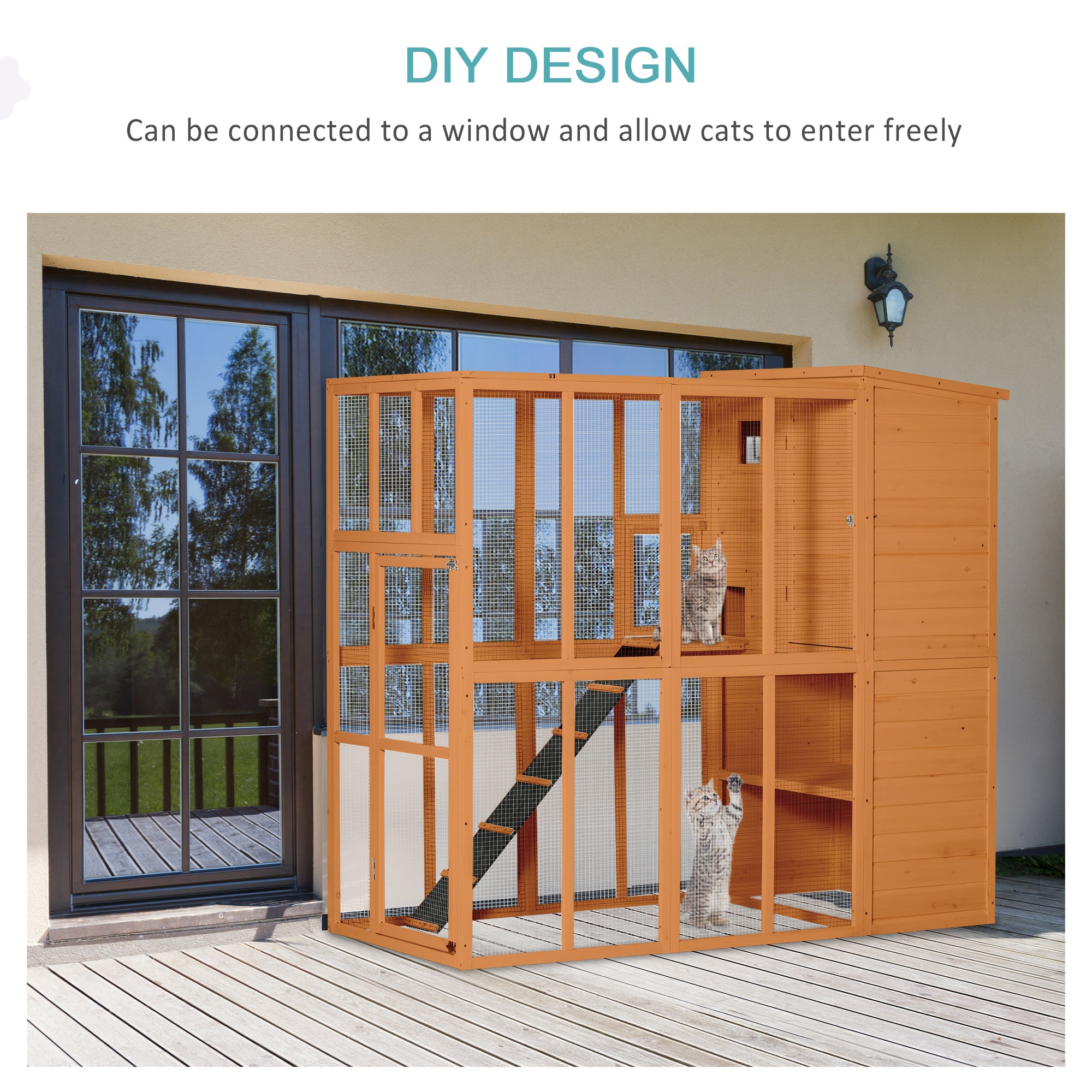 Large Catio Outdoor Cat Enclosure Weatherproof Cat House with Cat Condo, Indoor Wooden Cat Cage Pet Kennel, 77"L x 38"W x 69"H