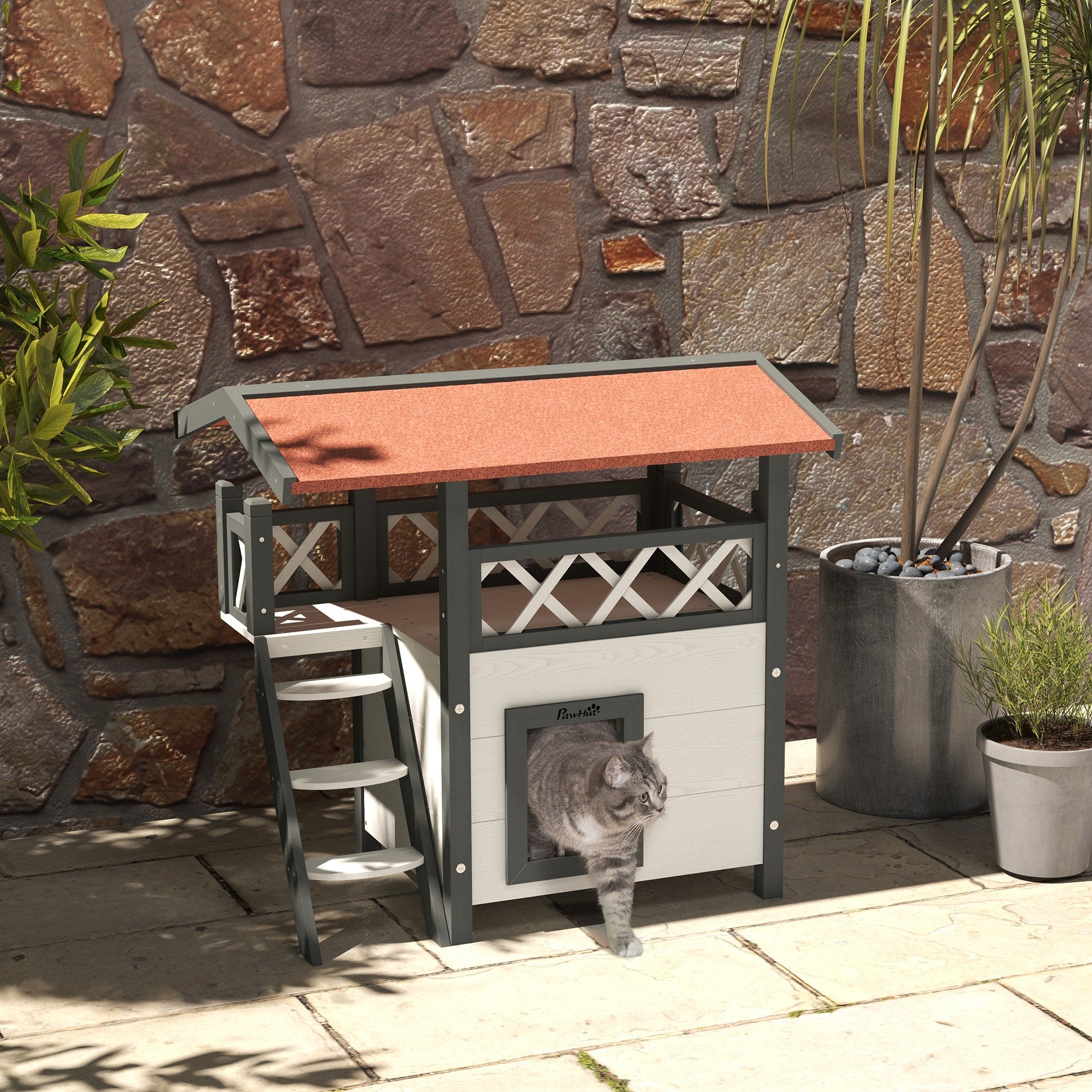 Cat House Outdoor, Wooden Feral Cat House with Balcony Stairs Asphalt Waterproof 77L x 50W x 73Hcm - White