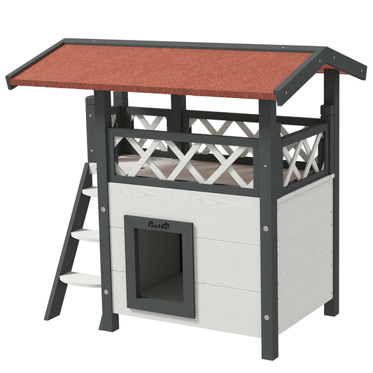 Outdoor Cat House, 2-Story Shelter for Feral Cats, Wooden Kitten Condo with Asphalt Roof, Stairs, Balcony, 30" x 20" x 29", White