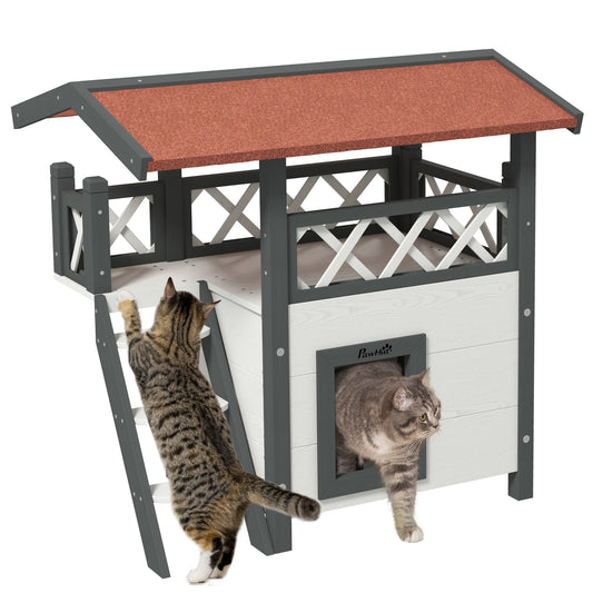Outdoor Cat House, 2-Story Shelter for Feral Cats, Wooden Kitten Condo with Asphalt Roof, Stairs, Balcony, 30" x 20" x 29", White