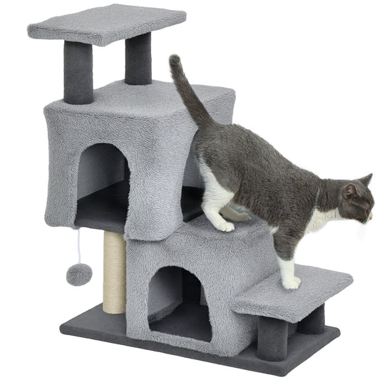 Adjustable Height Cat Stairs, 4-Step Pet Steps with Scratching Posts, Cat Condo, Hanging Ball, Dog Stairs for Sofa and High Bed, for Kittens and Small Dogs, Grey
