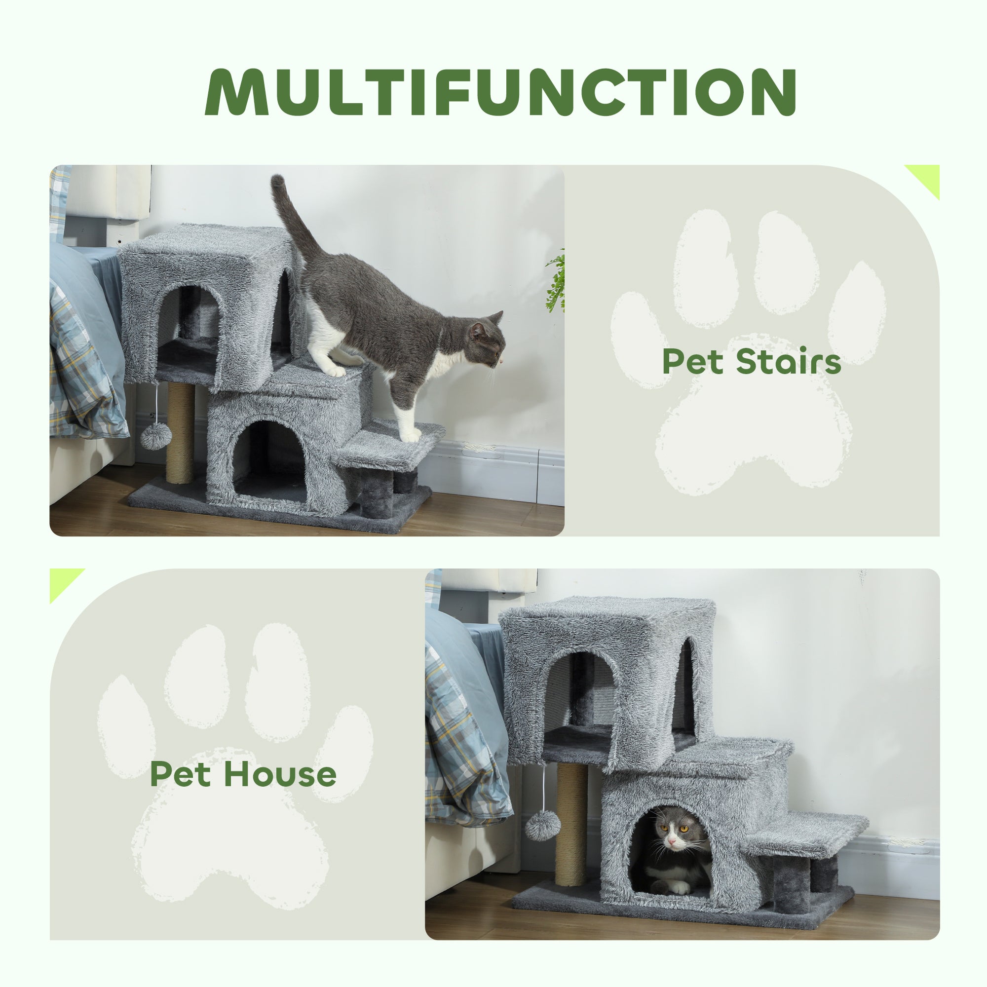 Adjustable Height Cat Stairs, 4-Step Pet Steps with Scratching Posts, Cat Condo, Hanging Ball, Dog Stairs for Sofa and High Bed, for Kittens and Small Dogs, Grey