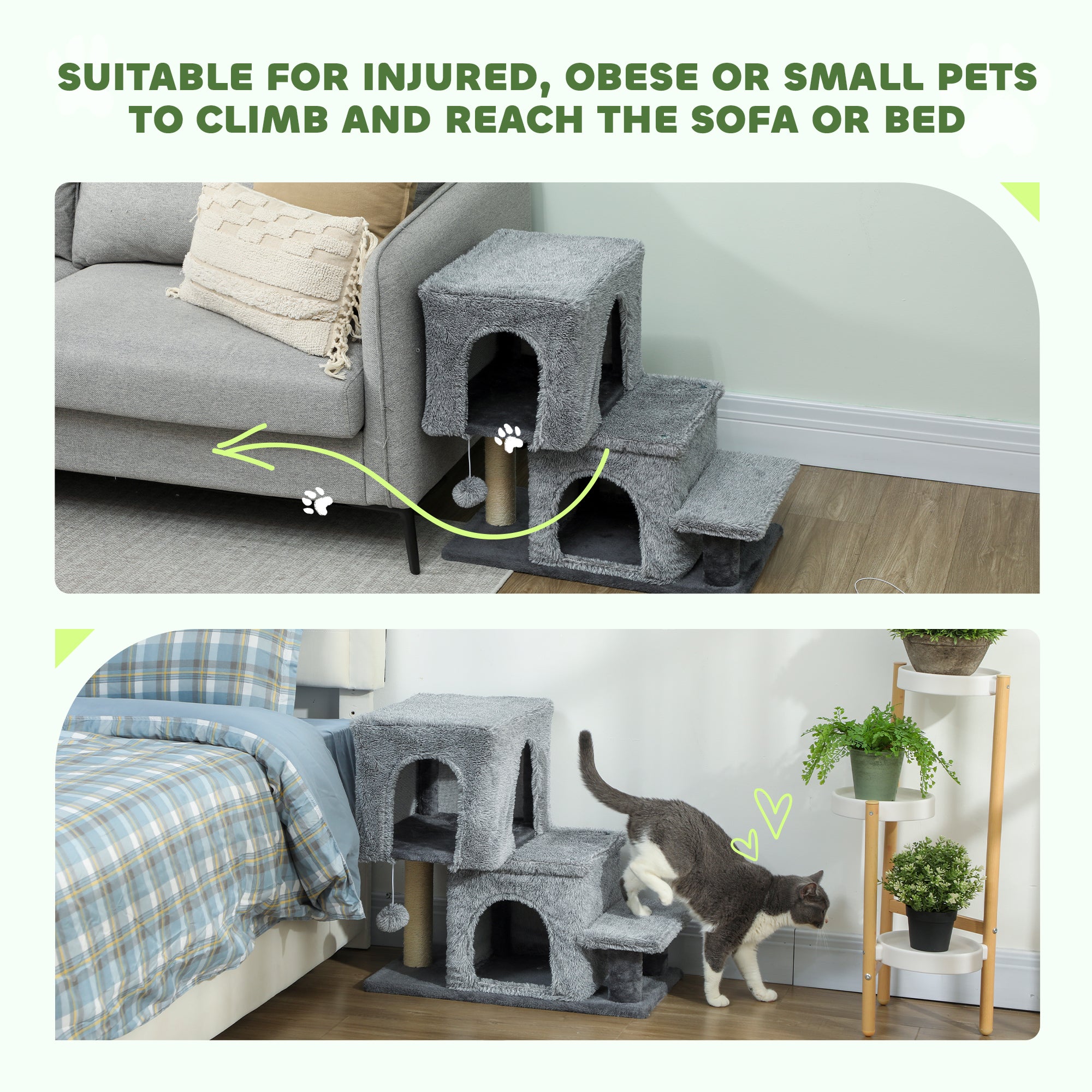 Adjustable Height Cat Stairs, 4-Step Pet Steps with Scratching Posts, Cat Condo, Hanging Ball, Dog Stairs for Sofa and High Bed, for Kittens and Small Dogs, Grey