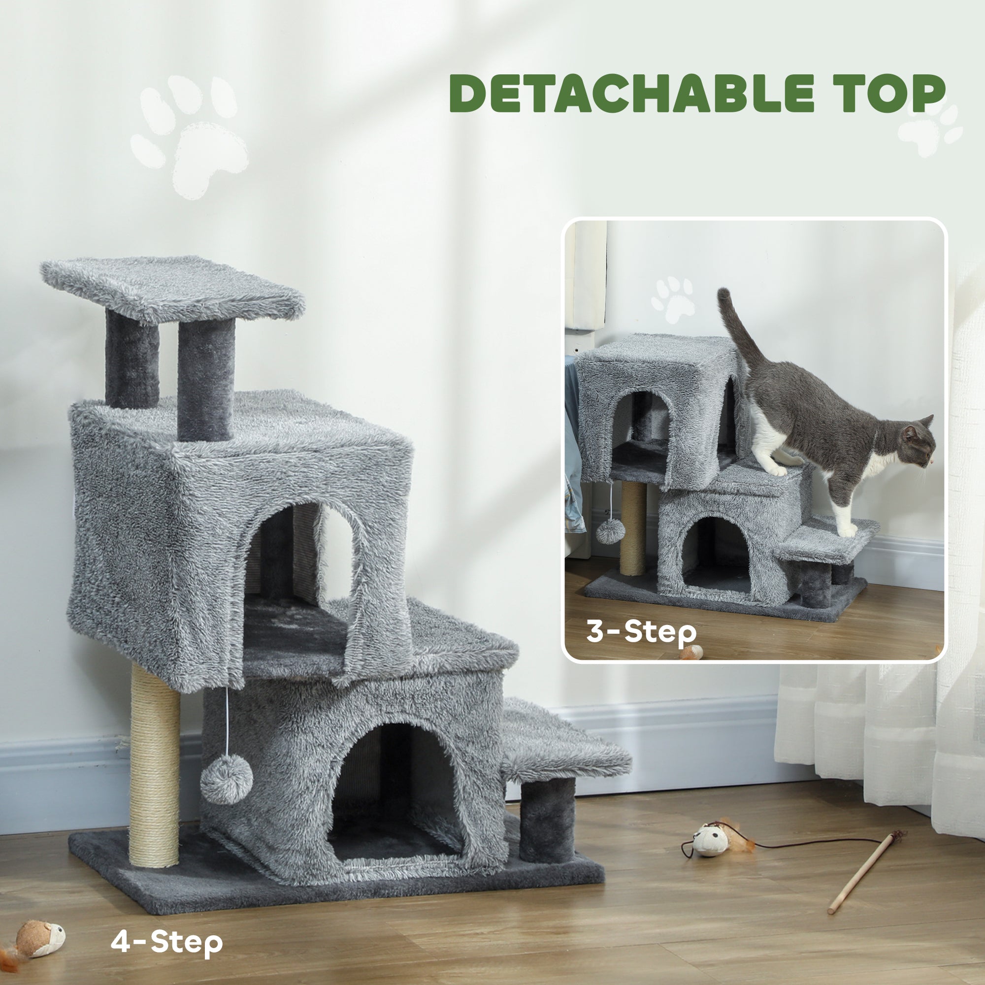 Adjustable Height Cat Stairs, 4-Step Pet Steps with Scratching Posts, Cat Condo, Hanging Ball, Dog Stairs for Sofa and High Bed, for Kittens and Small Dogs, Grey