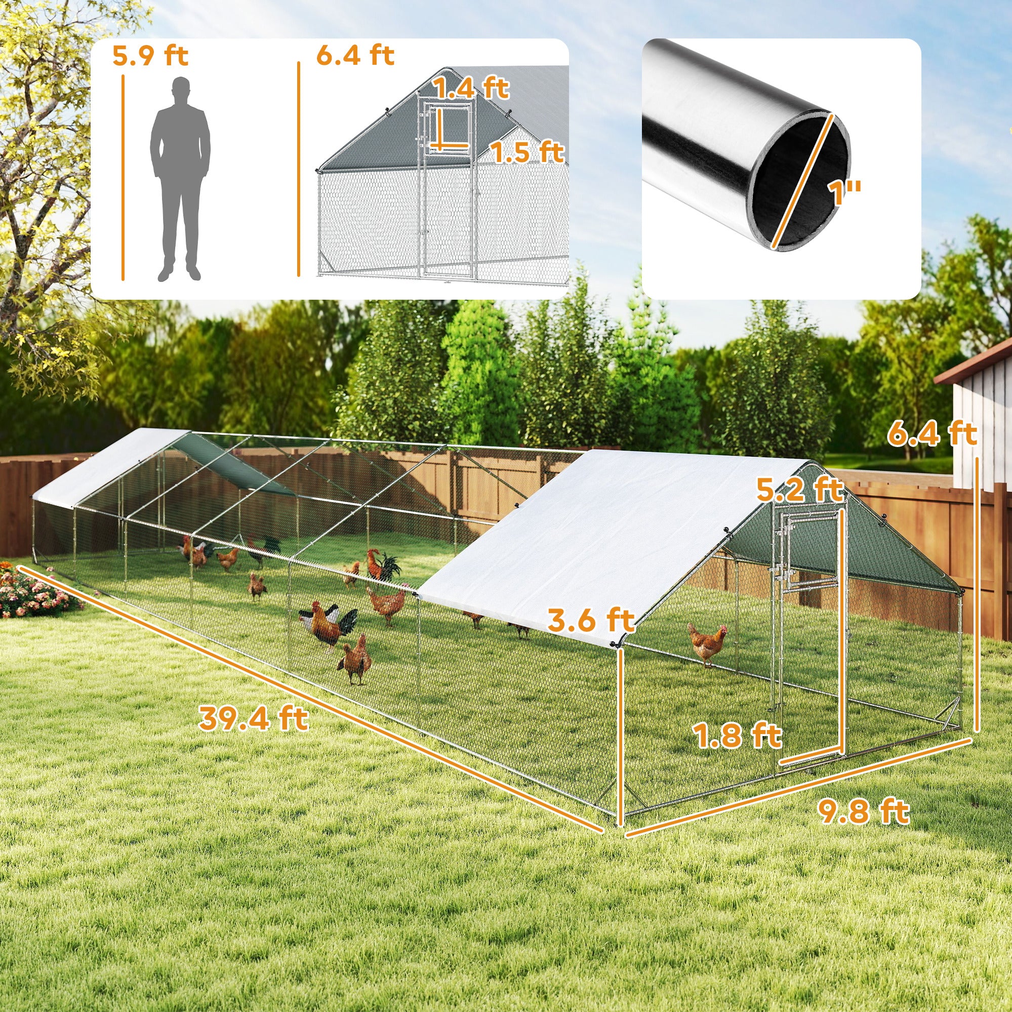 Large Chicken Coop Metal Chicken Run with Waterproof and Anti-UV Cover, Spire Shaped Walk in Fence Cage Hen House for Outdoor and Yard Farm Use, 1" Tube Diameter, 39' x 10' x 6.4'