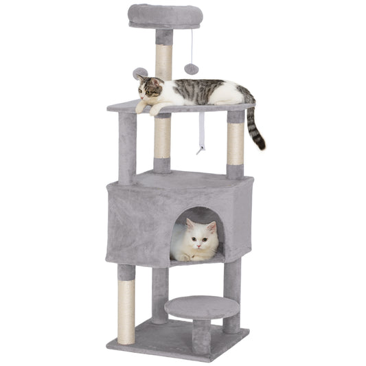 54 Inch Cat Tree, Cat Tower for Indoor Kittens with Large Cozy Condo, Plush Top Perch, Sisal Scratching Posts, Dangling Toy Ball, Light Grey