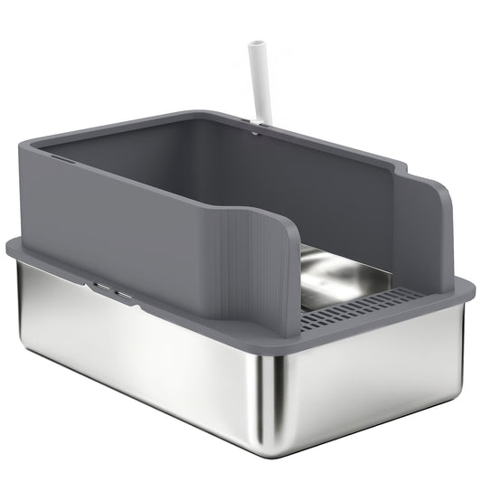 22.8"x14.6"x11.8" Stainless Steel Sifting Litter Box, Sifting Stainless Steel Litter Box for Pine Pellets, High Sided, Anti-Leakage, Less Tracking, Includes Scoop & 10 Pads