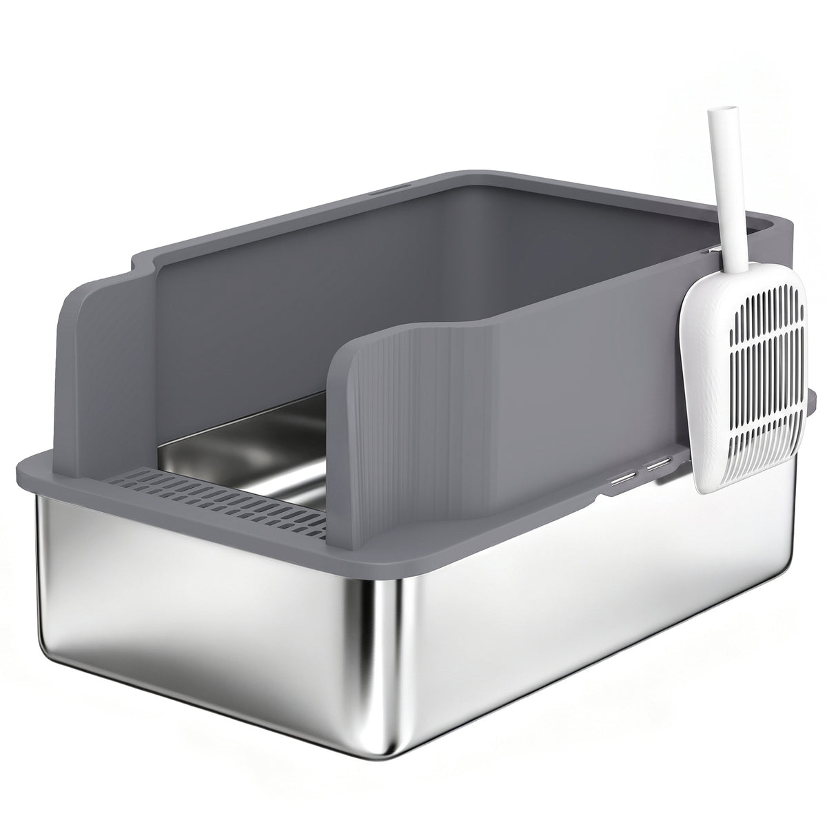 22.8"x14.6"x11.8" Stainless Steel Sifting Litter Box, Sifting Stainless Steel Litter Box for Pine Pellets, High Sided, Anti-Leakage, Less Tracking, Includes Scoop & 10 Pads