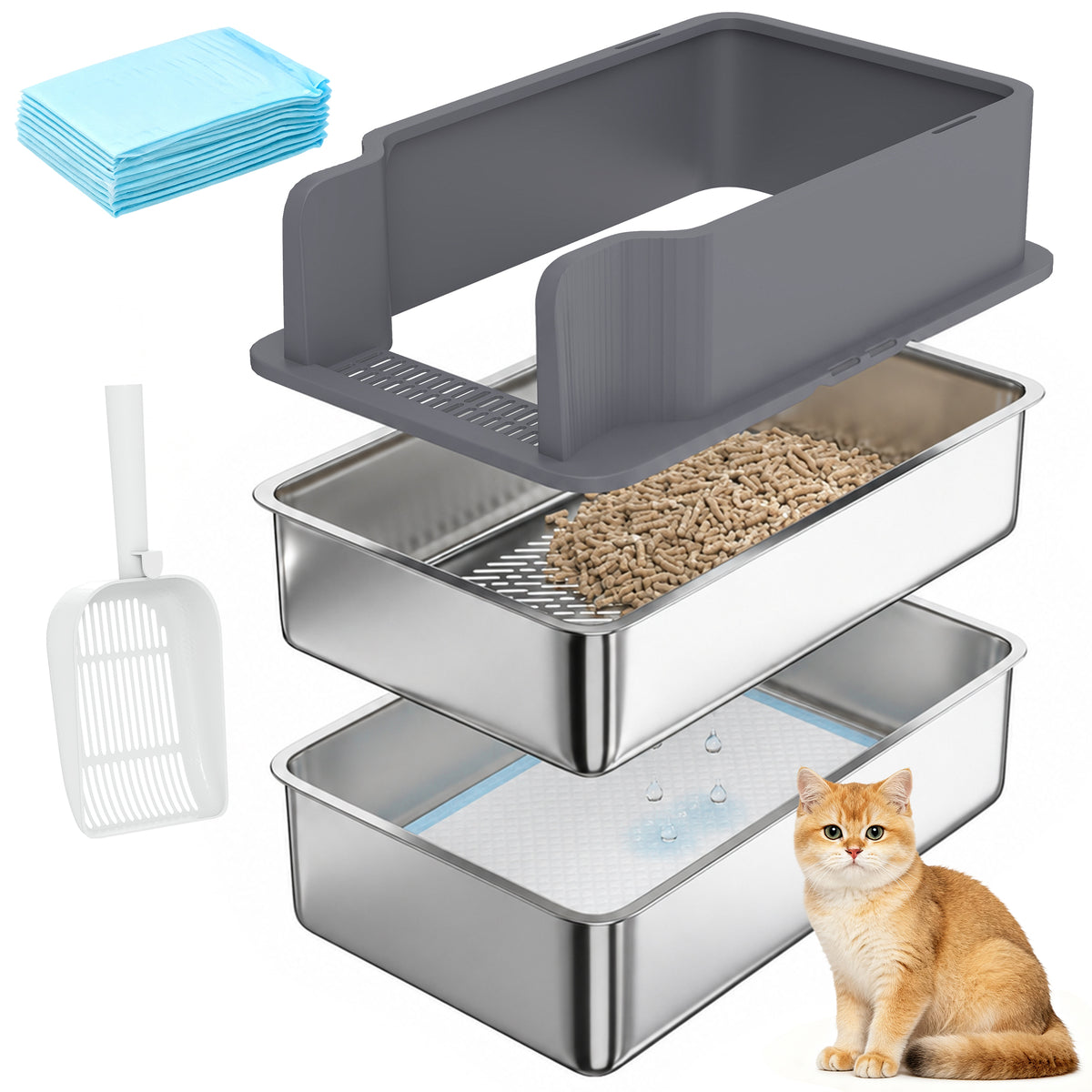 22.8"x14.6"x11.8" Stainless Steel Sifting Litter Box, Sifting Stainless Steel Litter Box for Pine Pellets, High Sided, Anti-Leakage, Less Tracking, Includes Scoop & 10 Pads