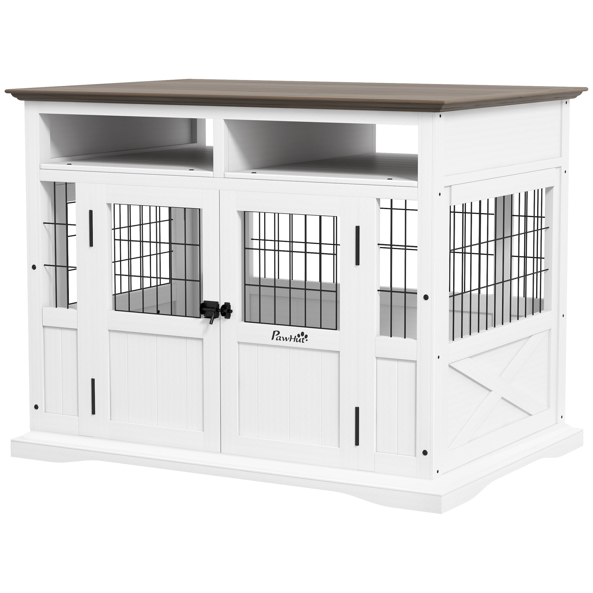 PawHut Dog Crate Furniture Side End Table with Storage, 41" Modern Wooden Dog Kennel Furniture with Double Doors for Small and Medium Dogs, White