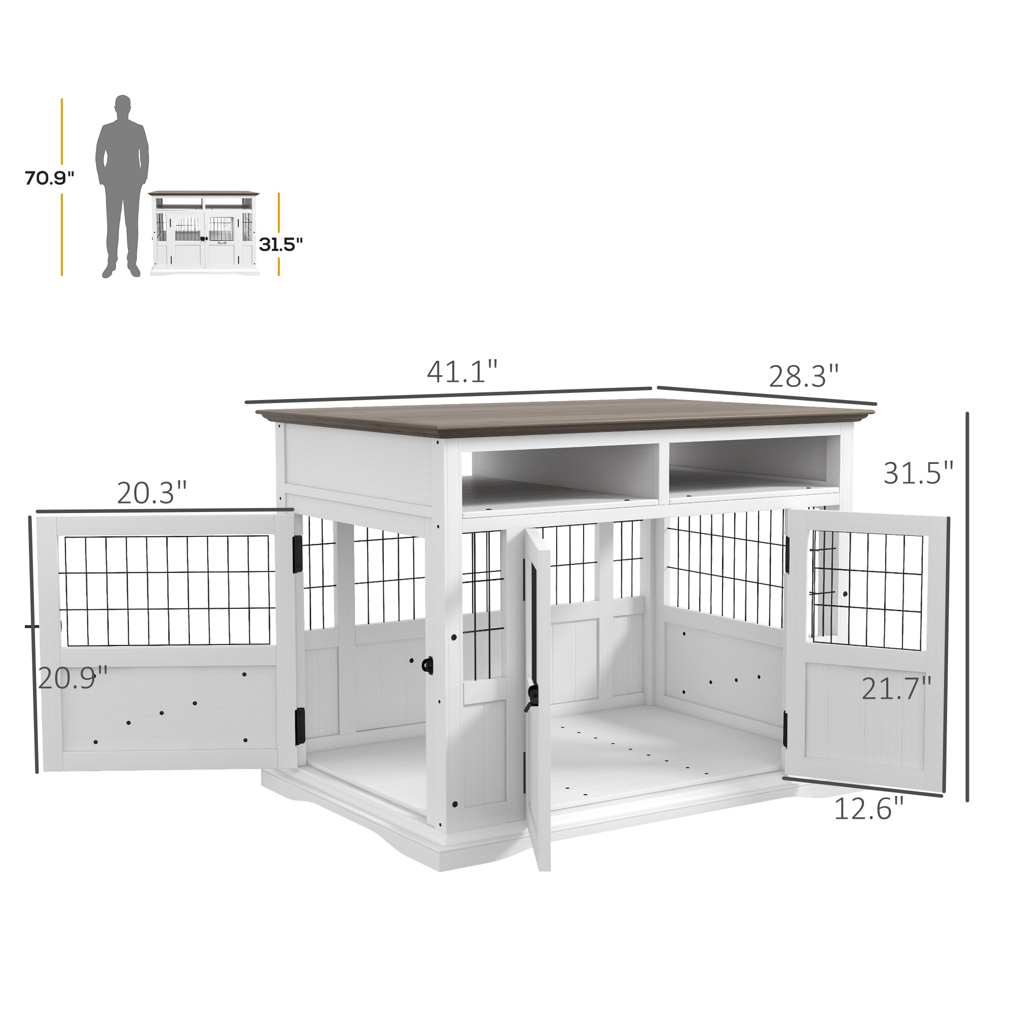 PawHut Dog Crate Furniture Side End Table with Storage, 41" Modern Wooden Dog Kennel Furniture with Double Doors for Small and Medium Dogs, White