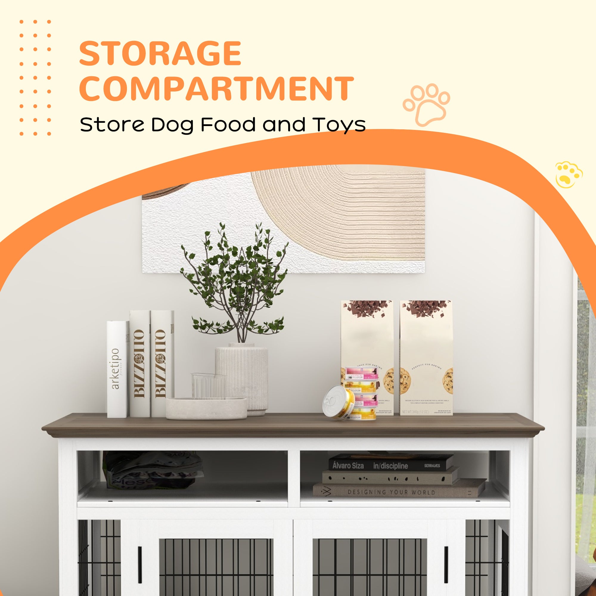 PawHut Dog Crate Furniture Side End Table with Storage, 41" Modern Wooden Dog Kennel Furniture with Double Doors for Small and Medium Dogs, White
