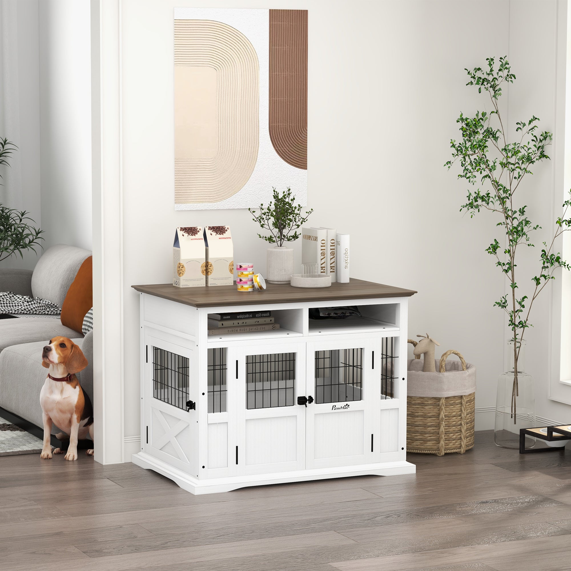 PawHut Dog Crate Furniture Side End Table with Storage, 41" Modern Wooden Dog Kennel Furniture with Double Doors for Small and Medium Dogs, White