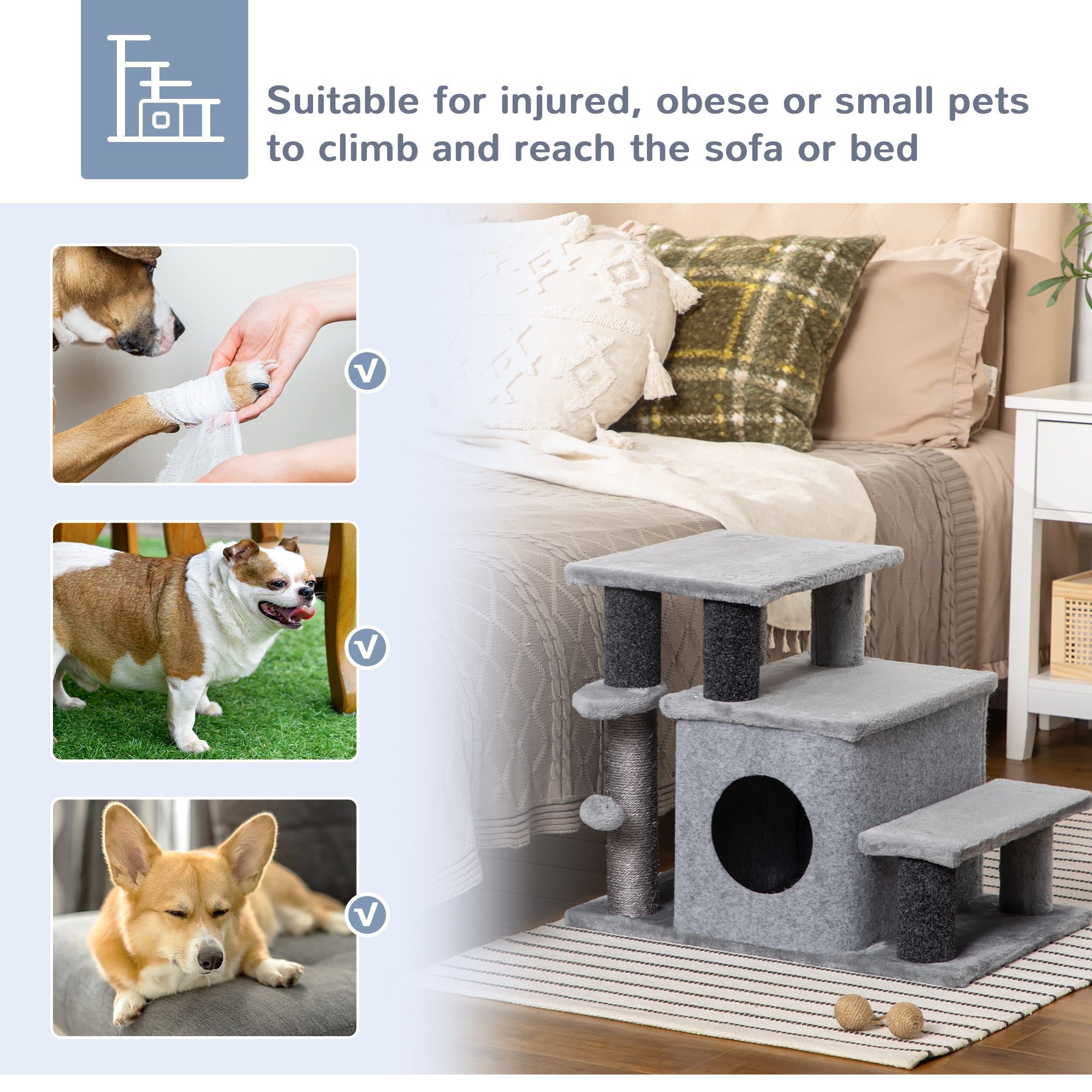 Pet Stairs, Adjustable Height 3 Step/4 Step Cat Steps with Sisal Cat Scratching Post, Condo, Toy Ball for High Bed, Sofa, Couch, for Indoor Small Kittens, Gray