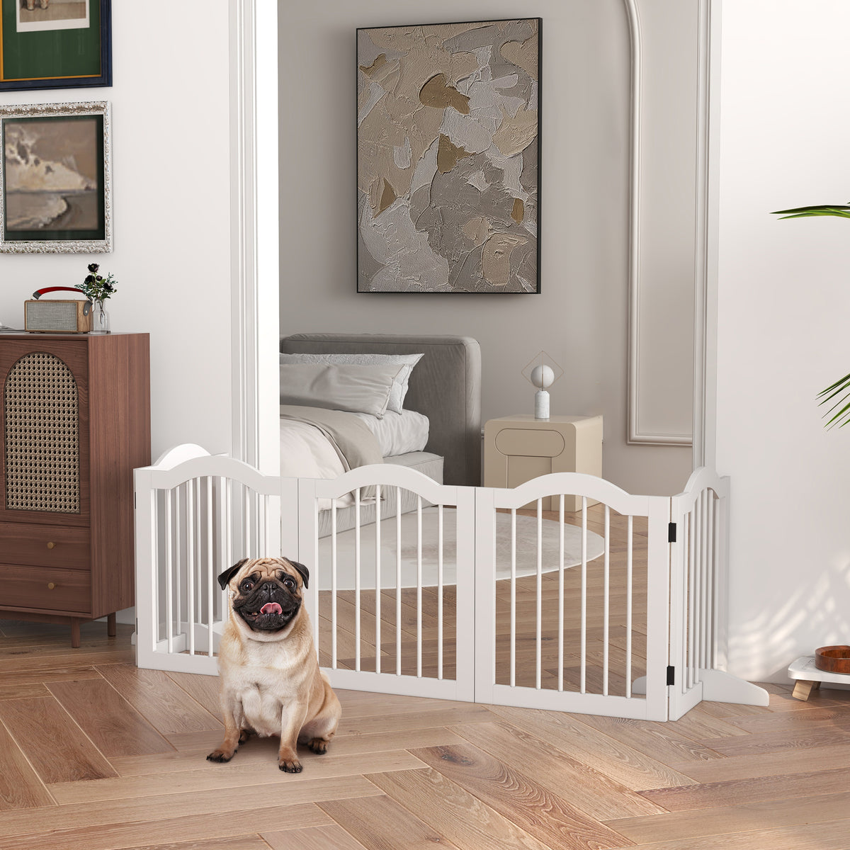 24"H Foldable Dog Gate, 5 Panels Freestanding Pet Gate Barriers Indoor with Support Feet, Puppy Fence for Small Dogs, White