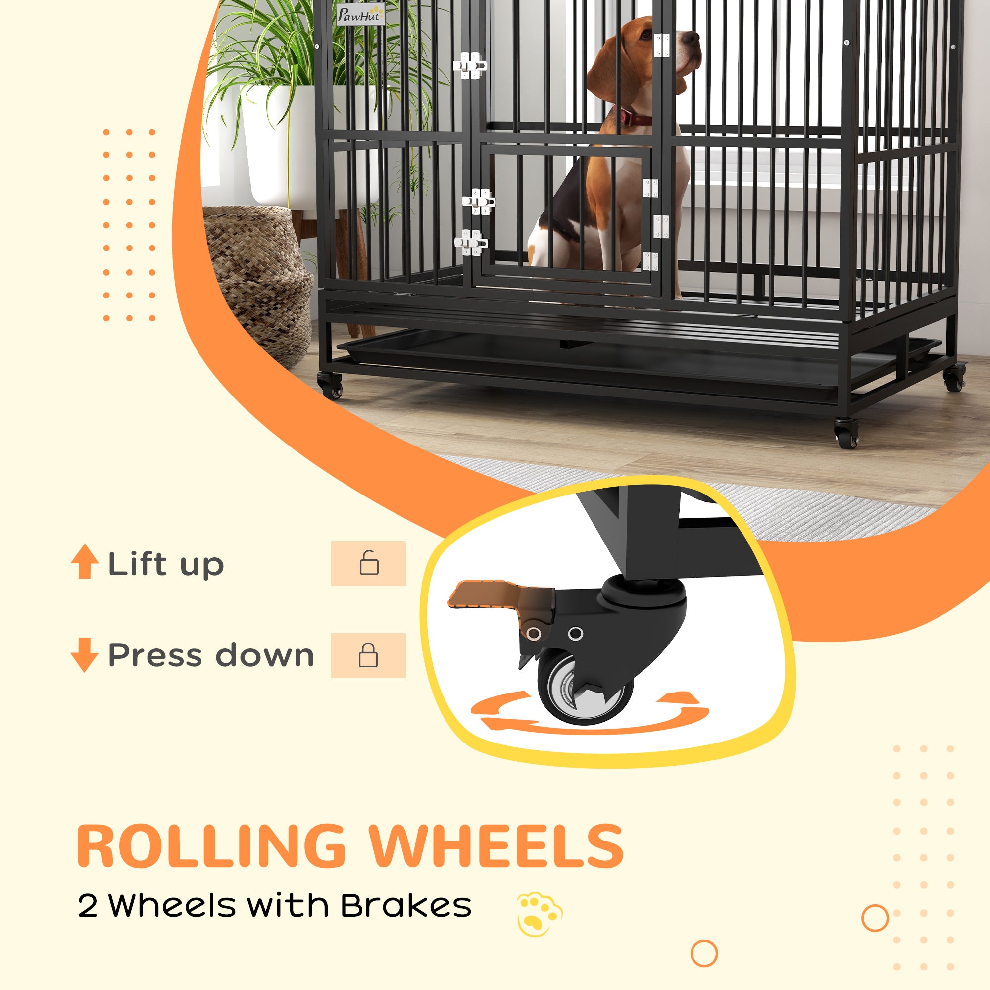 Heavy Duty Dog Crate, 49" Metal Dog Kennel Cage with Removable Tray, Doors, Openable Roof, Wheels, for Large and Extra Large Dogs, Black
