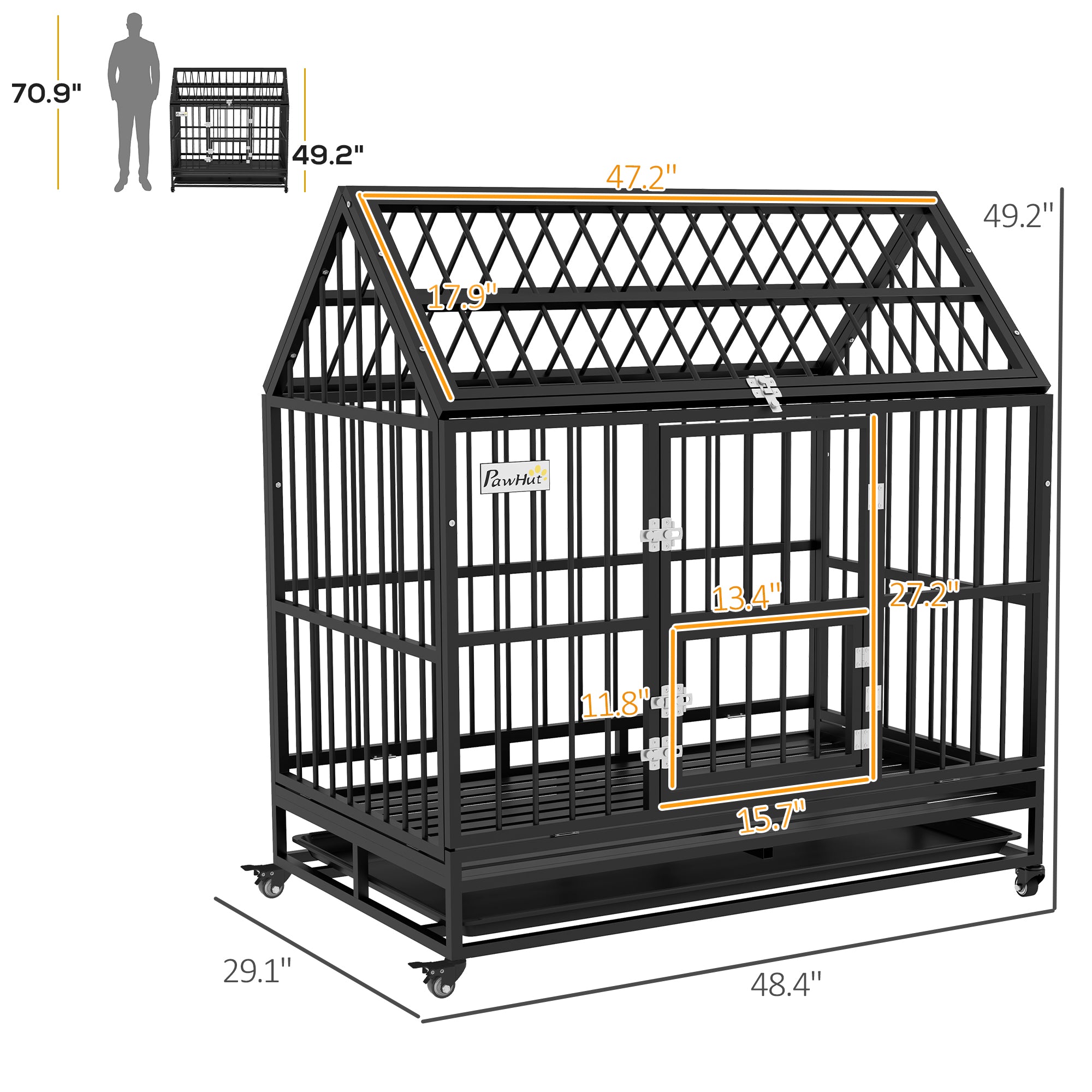 PawHut 48" Heavy Duty Dog Crate, Strong Steel Large Dog Crate with 4 Lockable Wheels, Double Doors, Openable Top and Removable Tray, for Extra Large and Large Dogs, Black