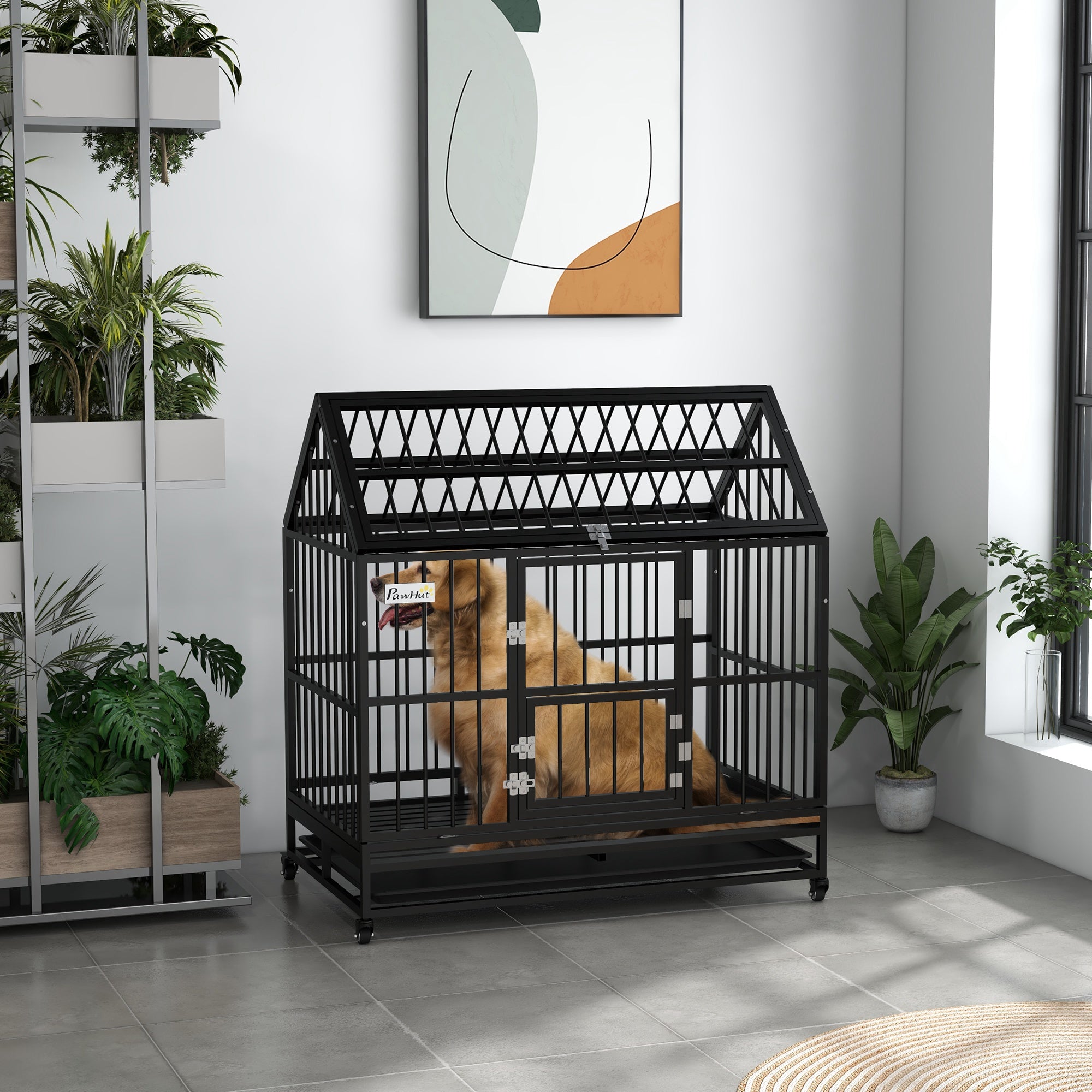 PawHut 48" Heavy Duty Dog Crate, Strong Steel Large Dog Crate with 4 Lockable Wheels, Double Doors, Openable Top and Removable Tray, for Extra Large and Large Dogs, Black