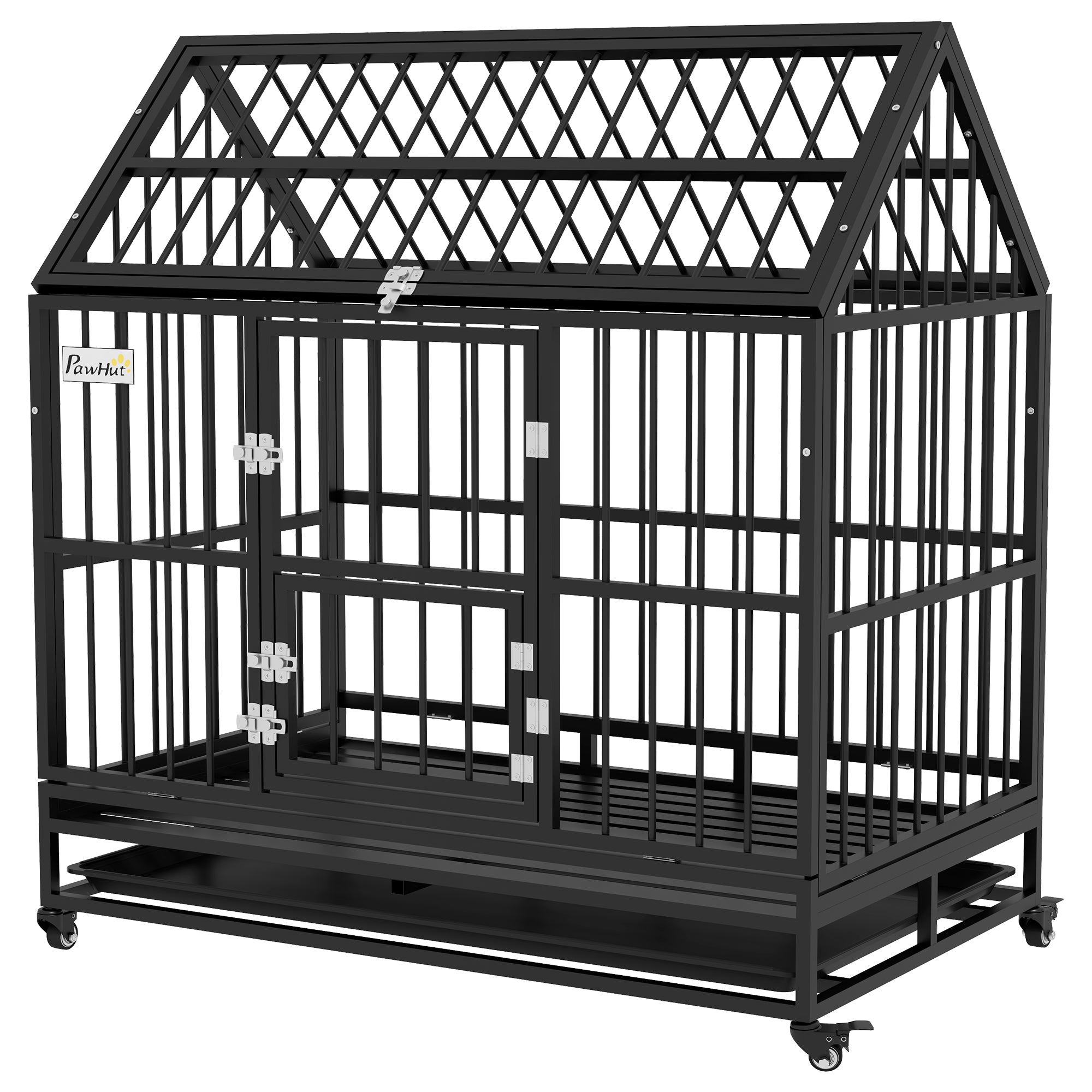 PawHut 48" Heavy Duty Dog Crate, Strong Steel Large Dog Crate with 4 Lockable Wheels, Double Doors, Openable Top and Removable Tray, for Extra Large and Large Dogs, Black