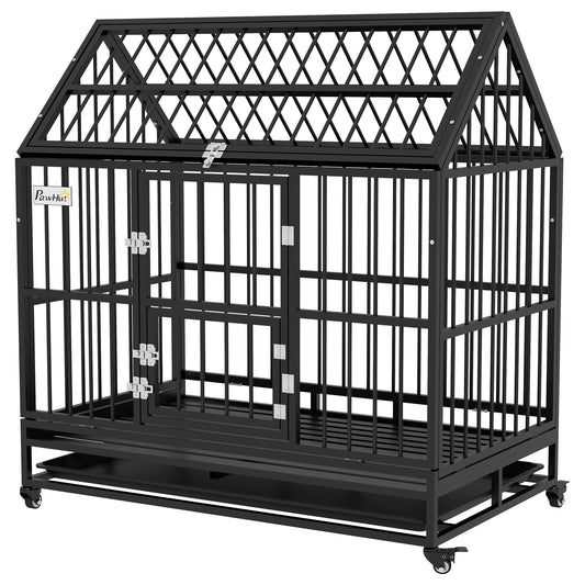 PawHut 48" Heavy Duty Dog Crate, Strong Steel Large Dog Crate with 4 Lockable Wheels, Double Doors, Openable Top and Removable Tray, for Extra Large and Large Dogs, Black