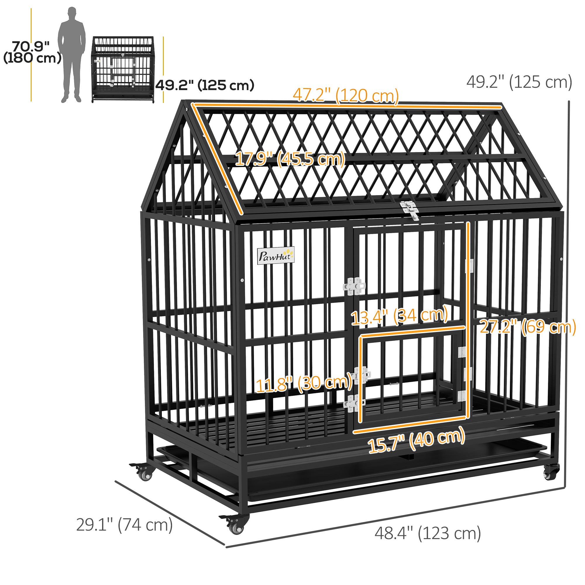 Heavy Duty Dog Crate, 49" Metal Dog Kennel Cage with Removable Tray, Doors, Openable Roof, Wheels, for Large and Extra Large Dogs, Black