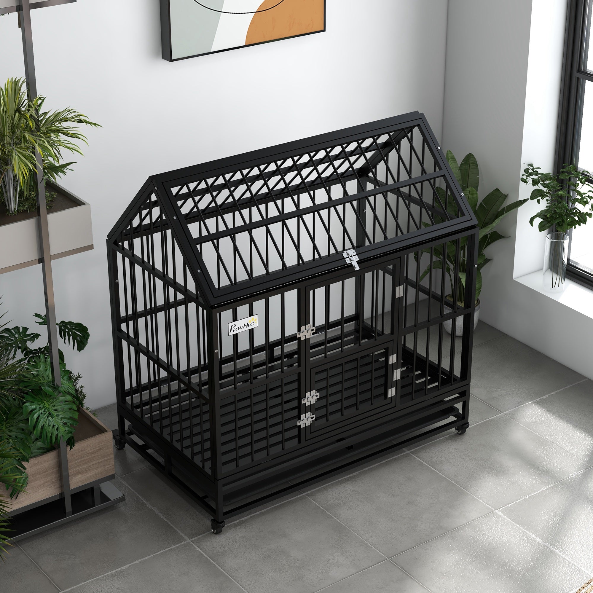 PawHut 48" Heavy Duty Dog Crate, Strong Steel Large Dog Crate with 4 Lockable Wheels, Double Doors, Openable Top and Removable Tray, for Extra Large and Large Dogs, Black