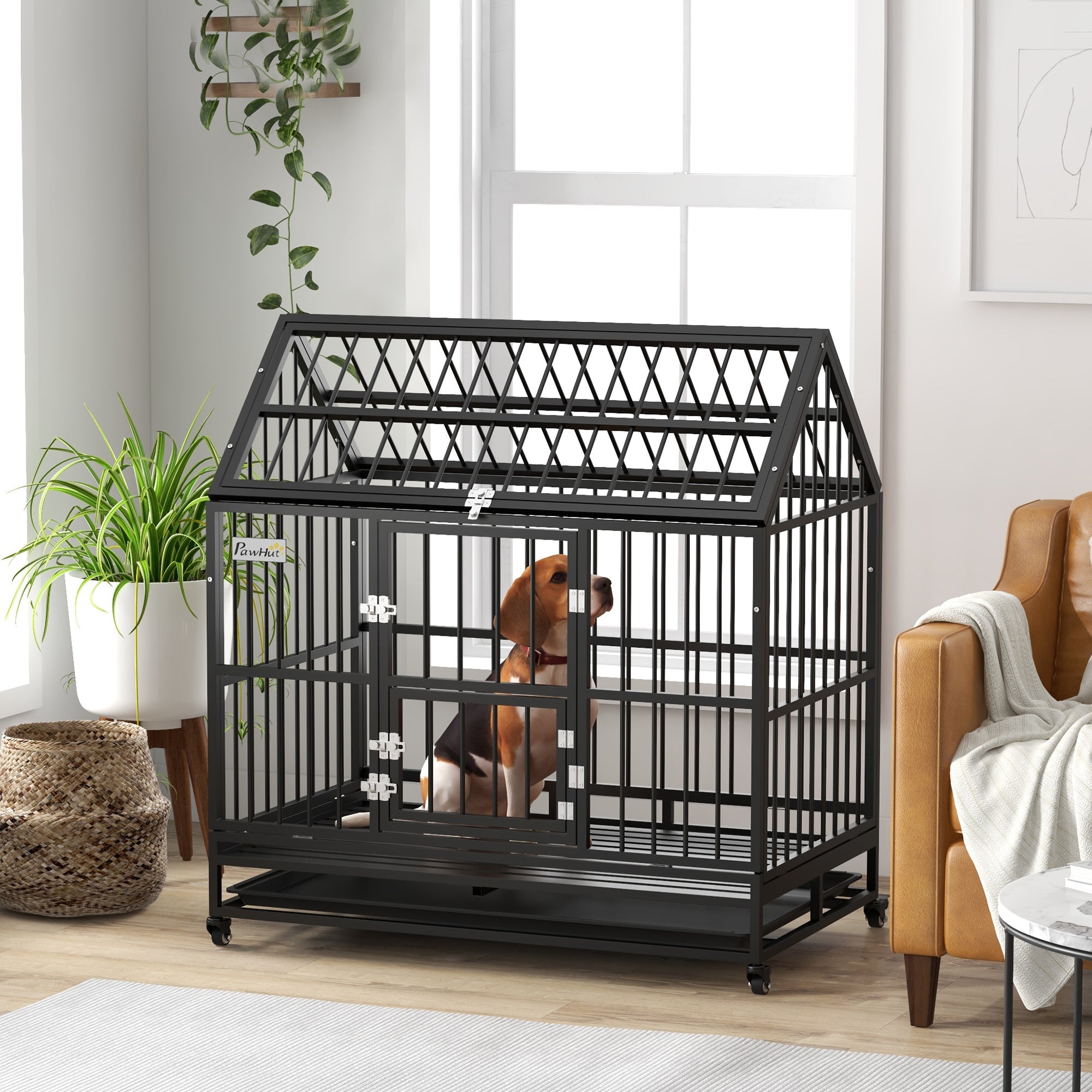 PawHut 48" Heavy Duty Dog Crate, Strong Steel Large Dog Crate with 4 Lockable Wheels, Double Doors, Openable Top and Removable Tray, for Extra Large and Large Dogs, Black