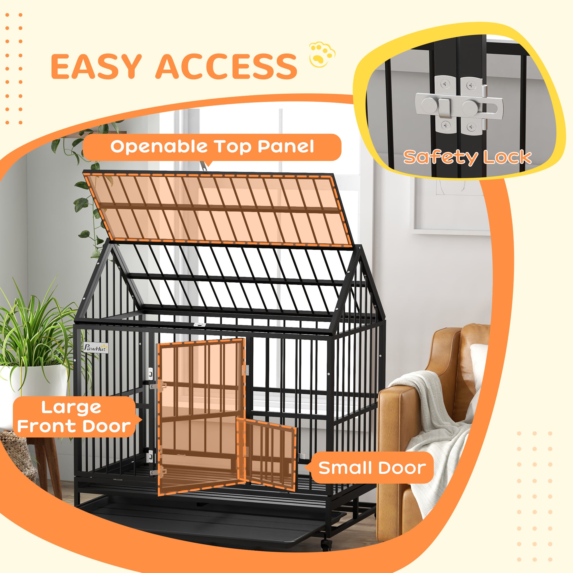 PawHut 48" Heavy Duty Dog Crate, Strong Steel Large Dog Crate with 4 Lockable Wheels, Double Doors, Openable Top and Removable Tray, for Extra Large and Large Dogs, Black
