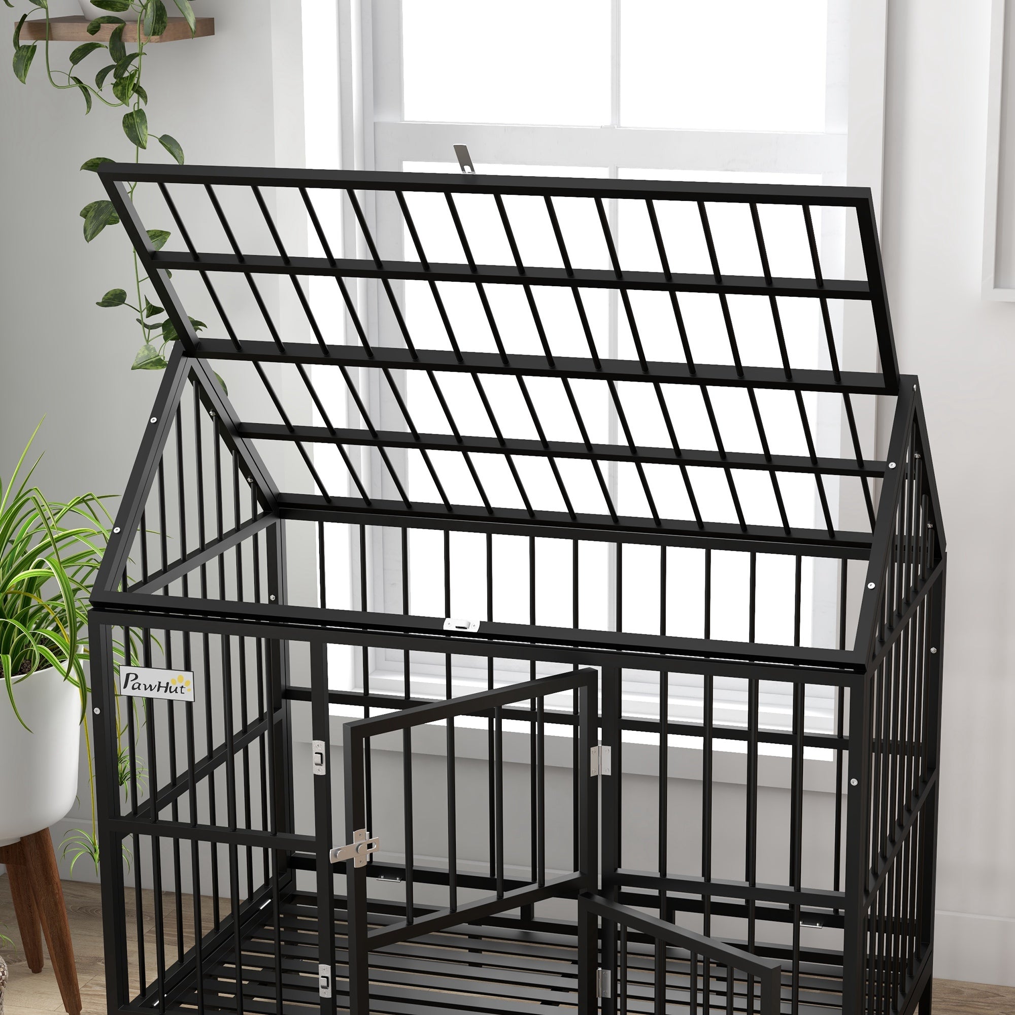 PawHut 48" Heavy Duty Dog Crate, Strong Steel Large Dog Crate with 4 Lockable Wheels, Double Doors, Openable Top and Removable Tray, for Extra Large and Large Dogs, Black