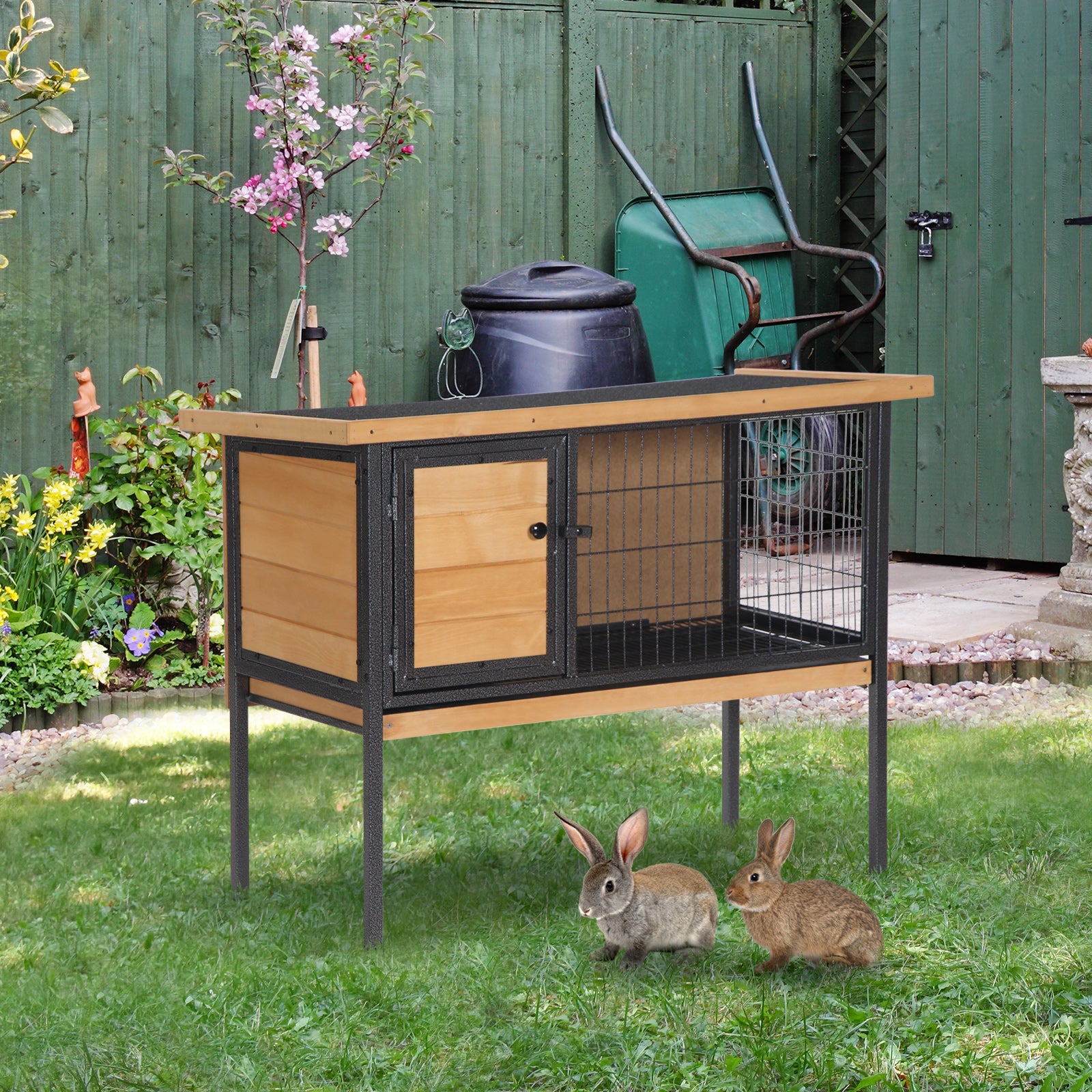 Rabbit Hutch, Wooden Bunny Cage Indoor Outdoor Bunny Hutch with Tray and Openable Water-Resistant Roof, Small Animal Cage for Rabbits, Chickens, Ducks, Yellow
