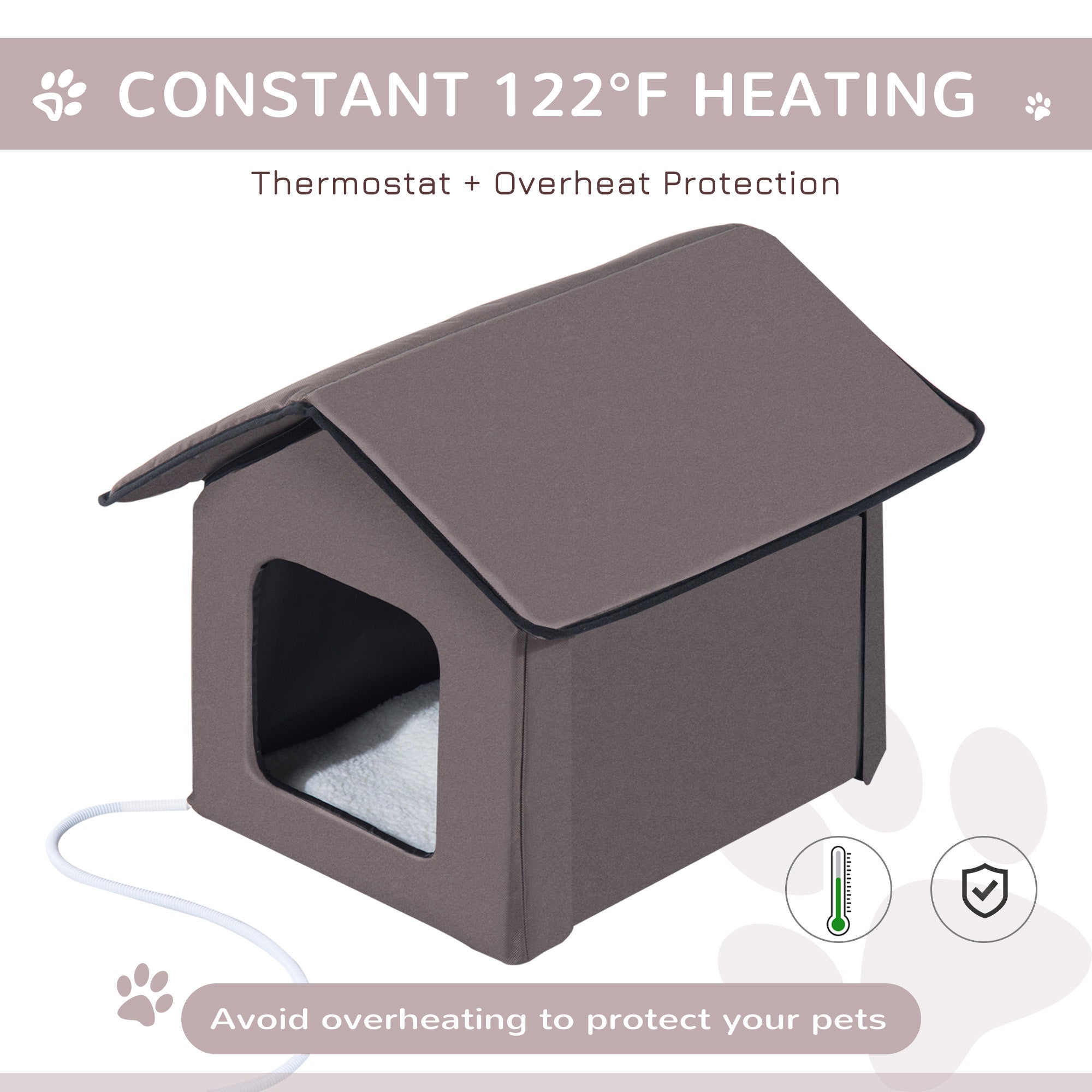 PawHut Heated Cat Houses for Outdoor and Indoor, Portable Kitty Shelter, Waterproof and Insulated, Brown