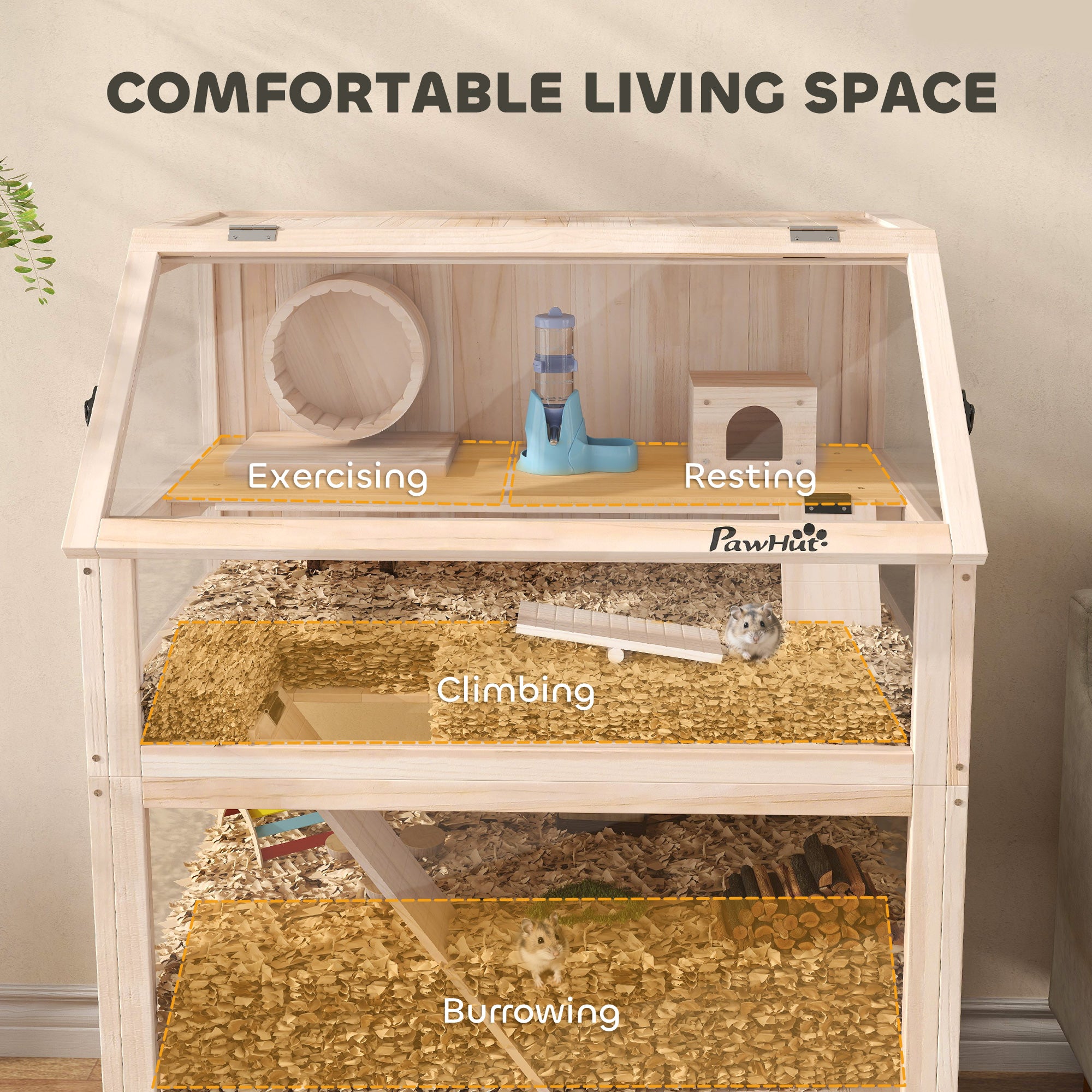 Wooden Hamster Cage, 3 Tier Small Animal Cage with Detachable Lower Floor, Storage Shelf, Hut, Seesaw, Exercise Wheel, Ramps, Hamster Habitat for Dwarf, Gerbil, 31.5" x 21" x 46"