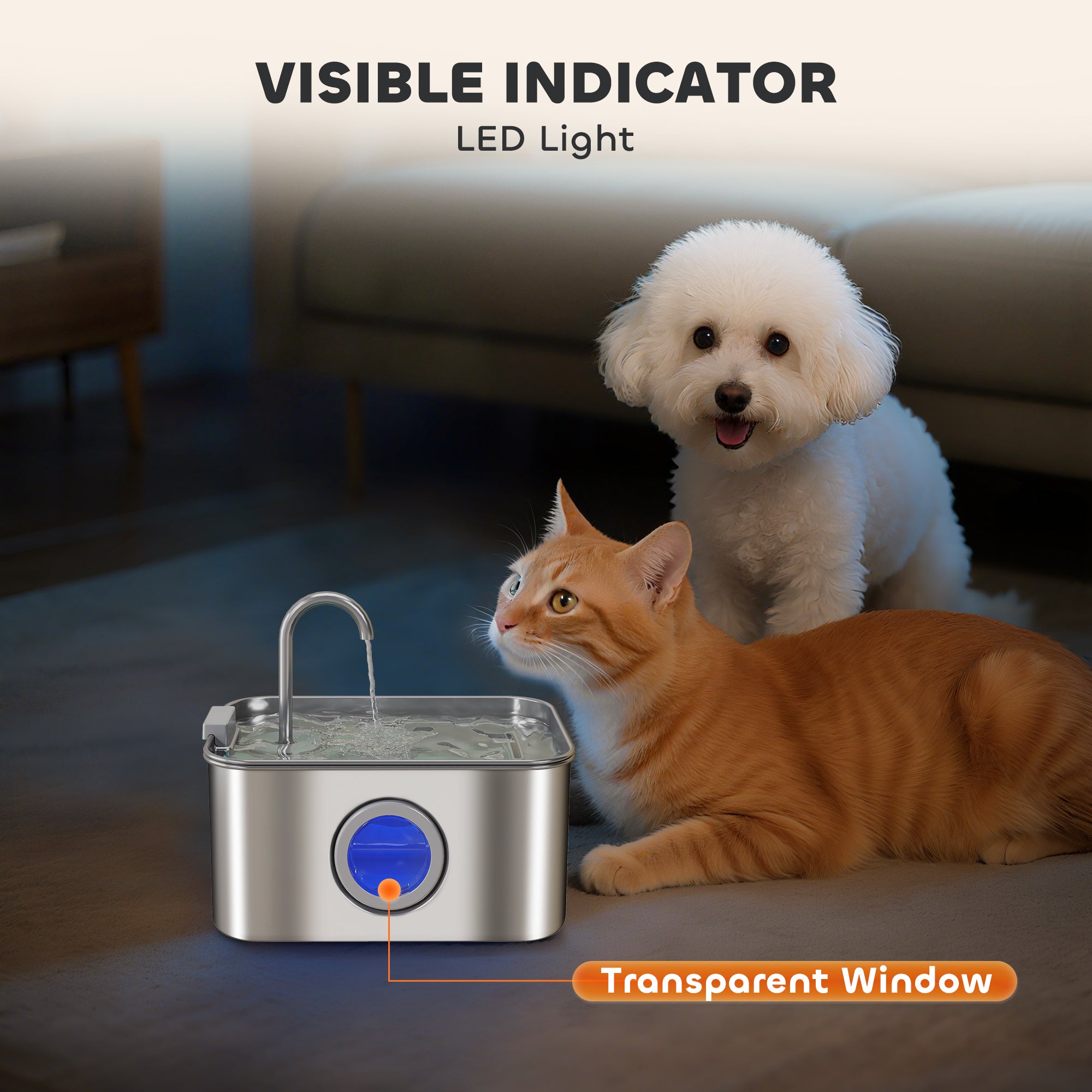 Cat Water Fountain for Drinking, 3.2L Stainless Steel Cat Fountain, Ultra-Silent, Automatic, Visible Water-Level, for Kittens, Dogs and Other Pets