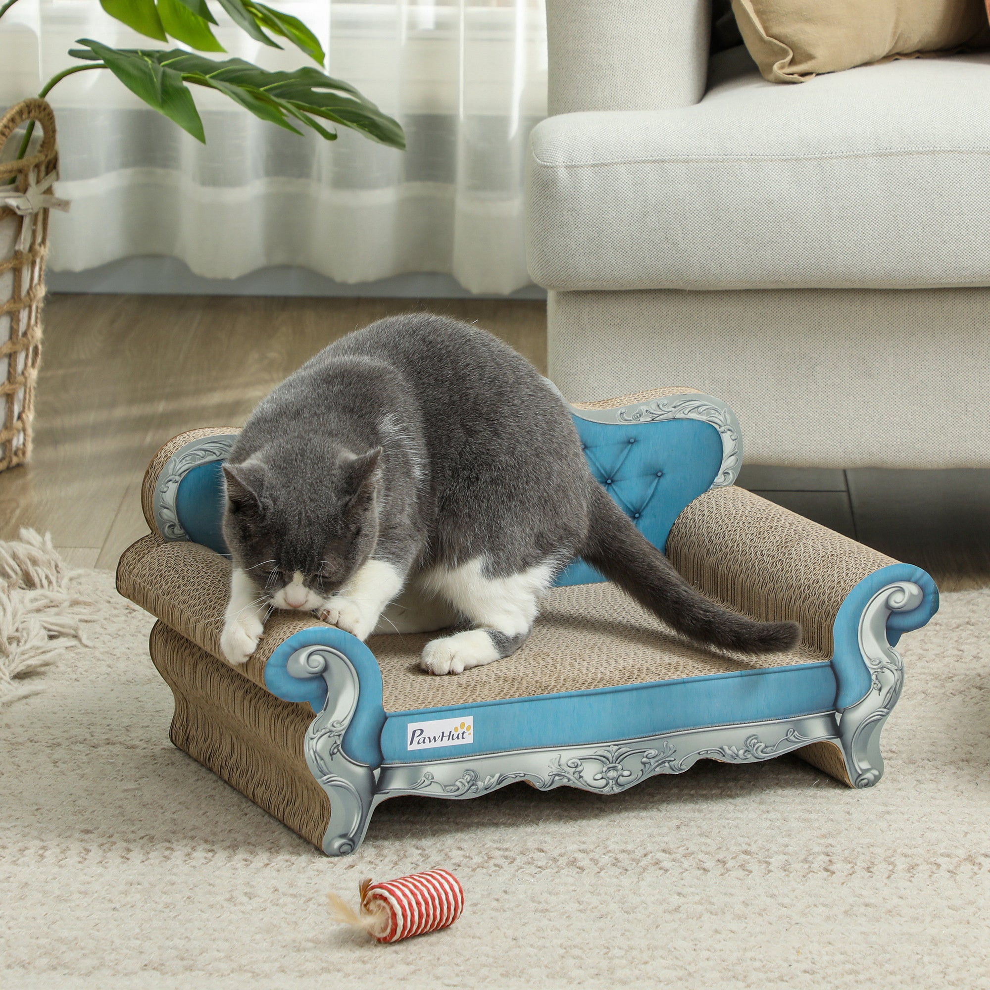 2-in-1 Cat Scratcher, Cardboard Cat Scratching Board with Catnip, Cat Scratch Pad for Indoor Cats, 30.5 x 55 x 31.5cm, Light Blue