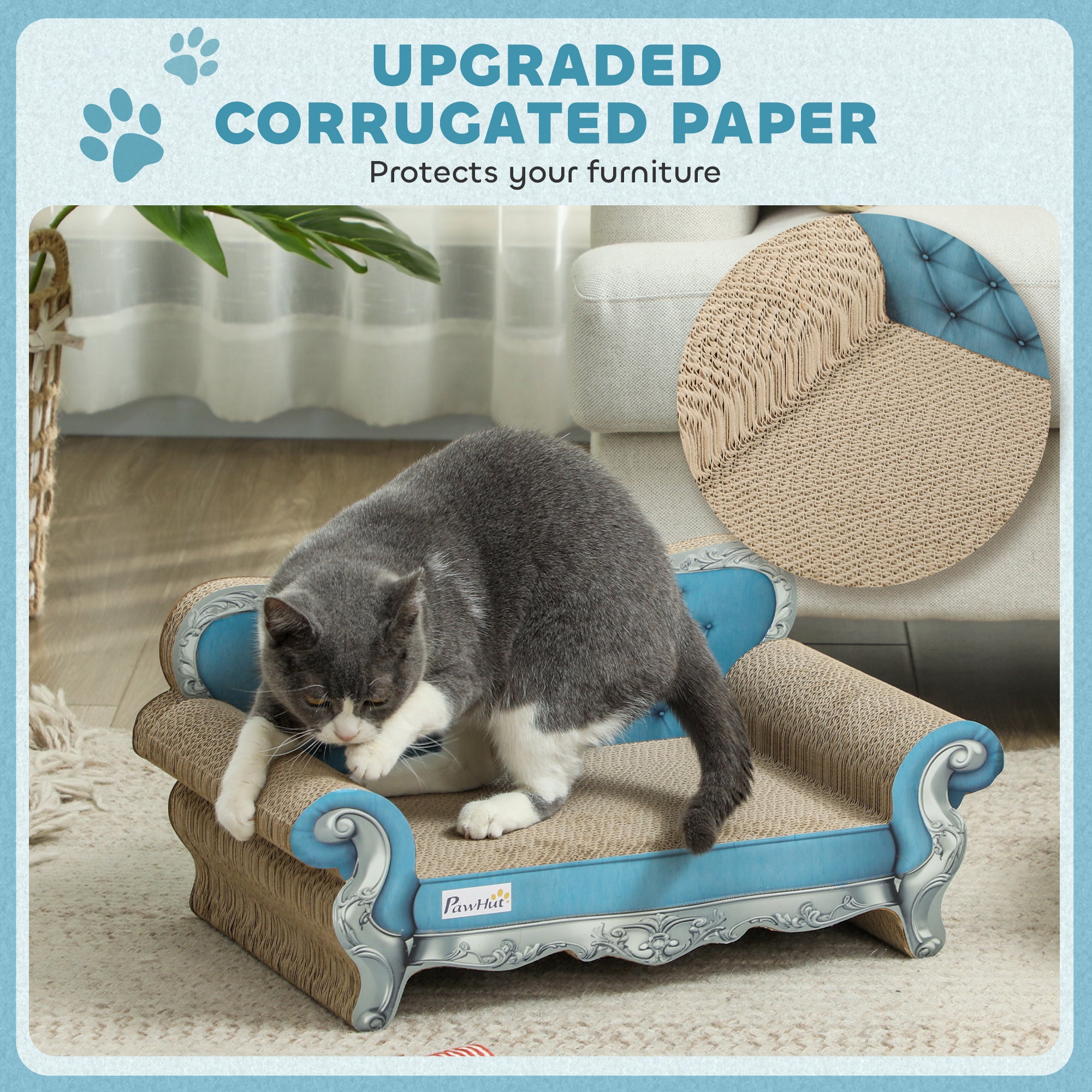 2-in-1 Cat Scratcher, Cardboard Cat Scratching Board with Catnip, Cat Scratch Pad for Indoor Cats, 30.5 x 55 x 31.5cm, Light Blue